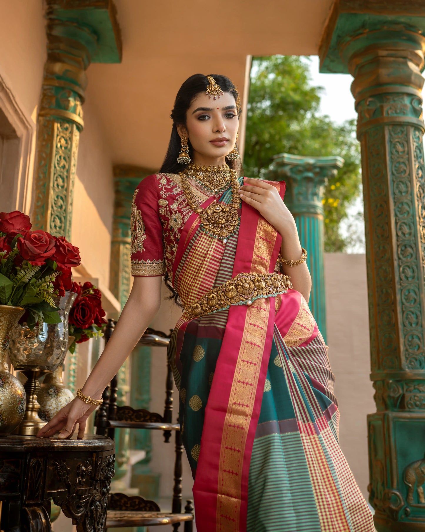 Classic Kanjivaram weave with elegant motifs and festive color tones