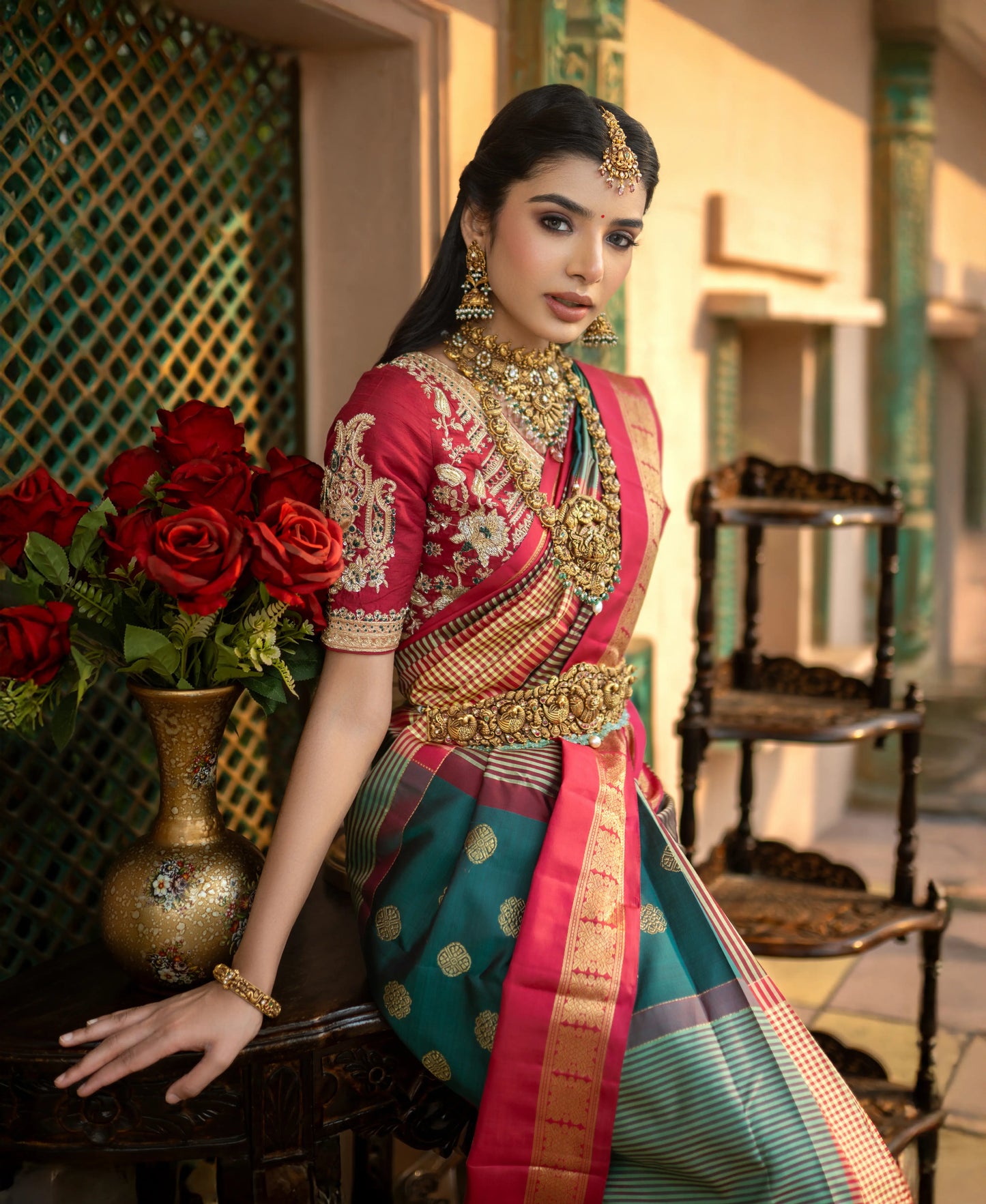 House of Ishwari Kanjivaram saree – shop handcrafted green and red silk sarees online
