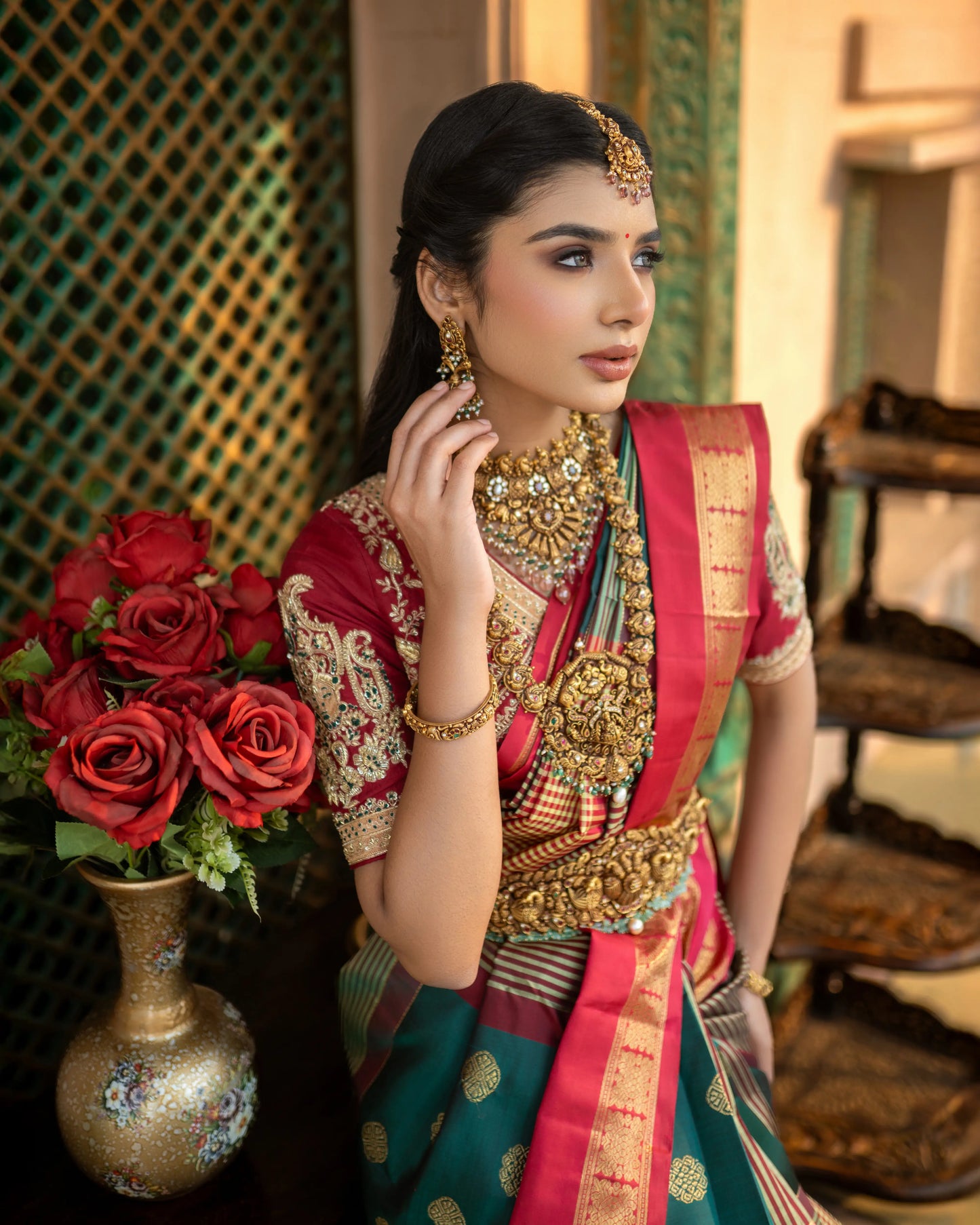 Classic Kanjivaram weave with elegant motifs and festive color tones