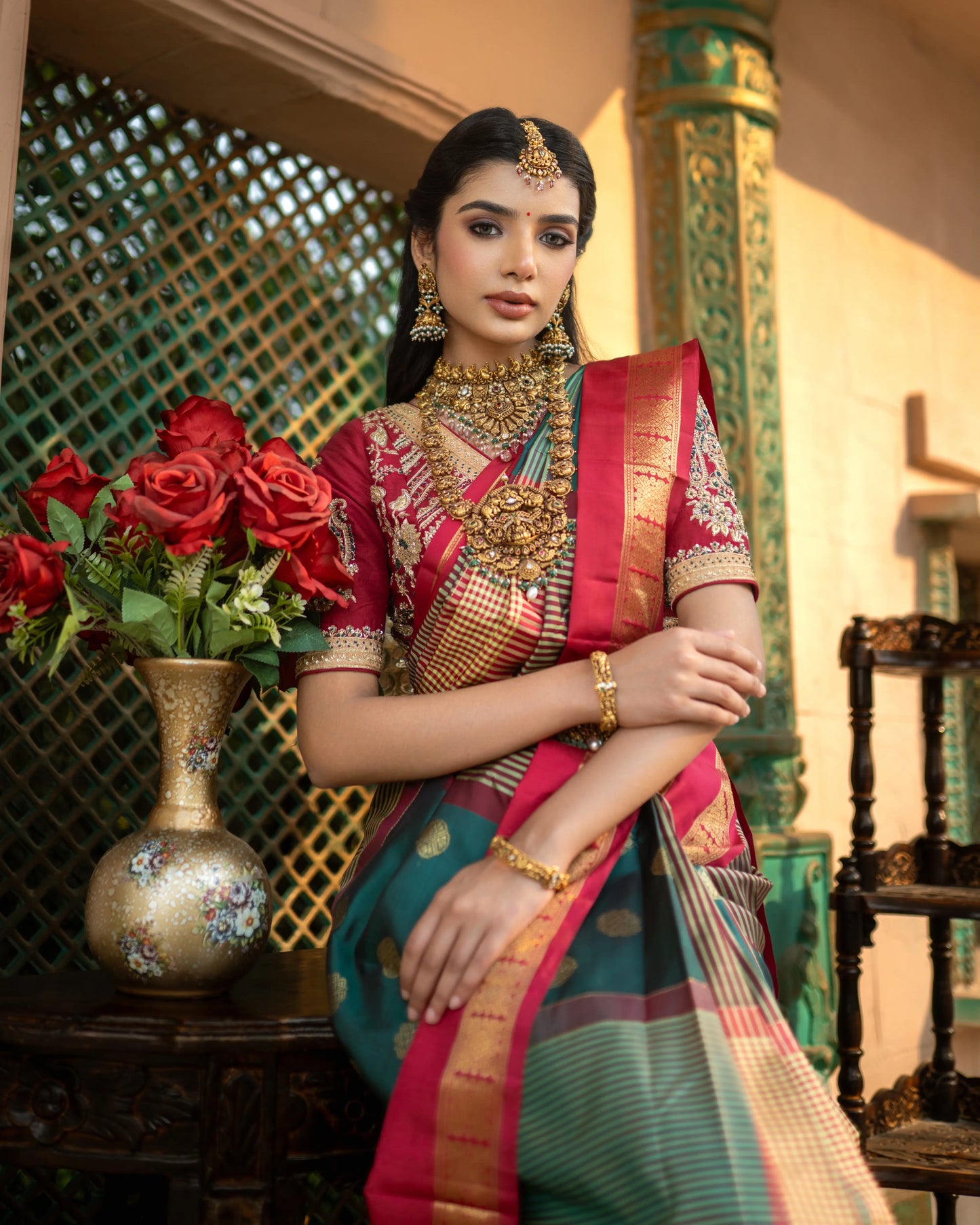 South Indian bridal silk saree with checks, buta, and zari detailing