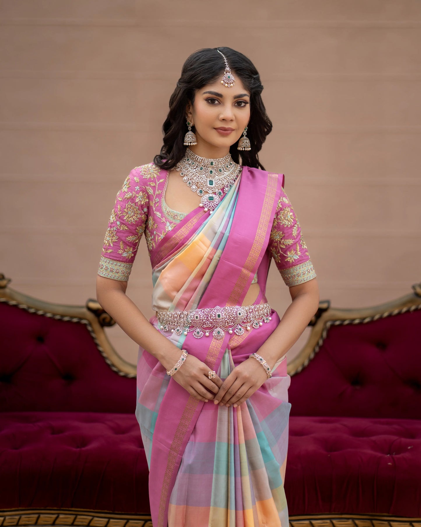 Multicolor pastel Kanjivaram saree with golden zari and pink border