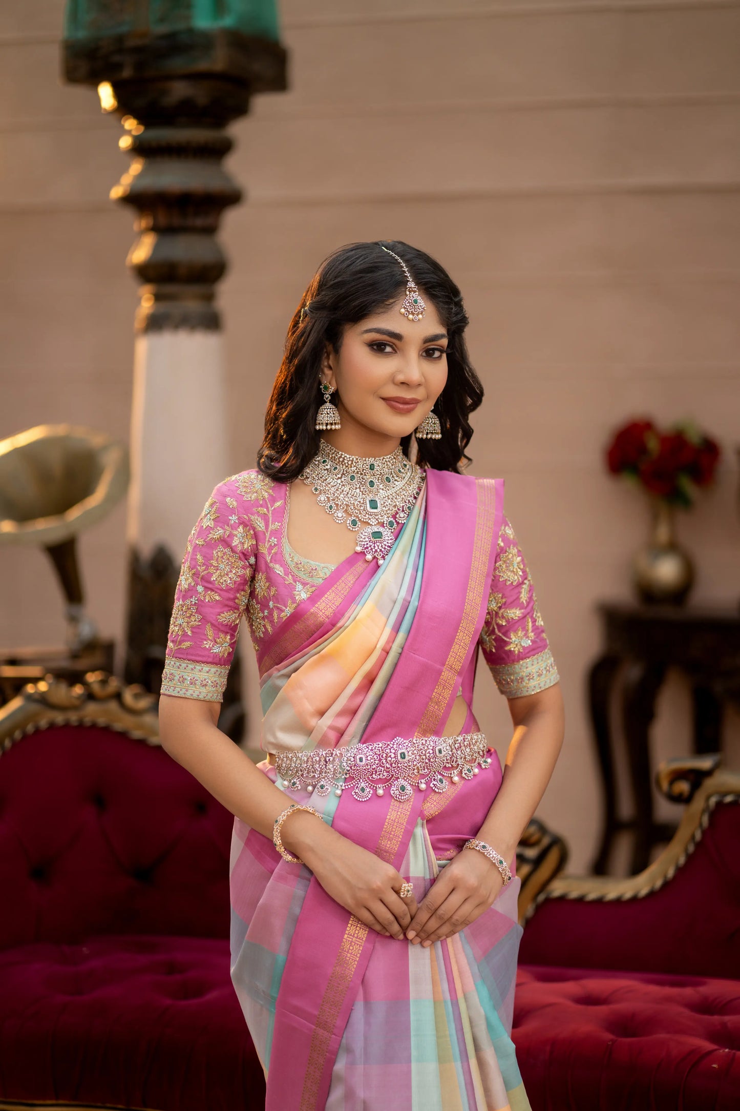 Pastel multicolored saree with pink border and classic Kanjivaram weave