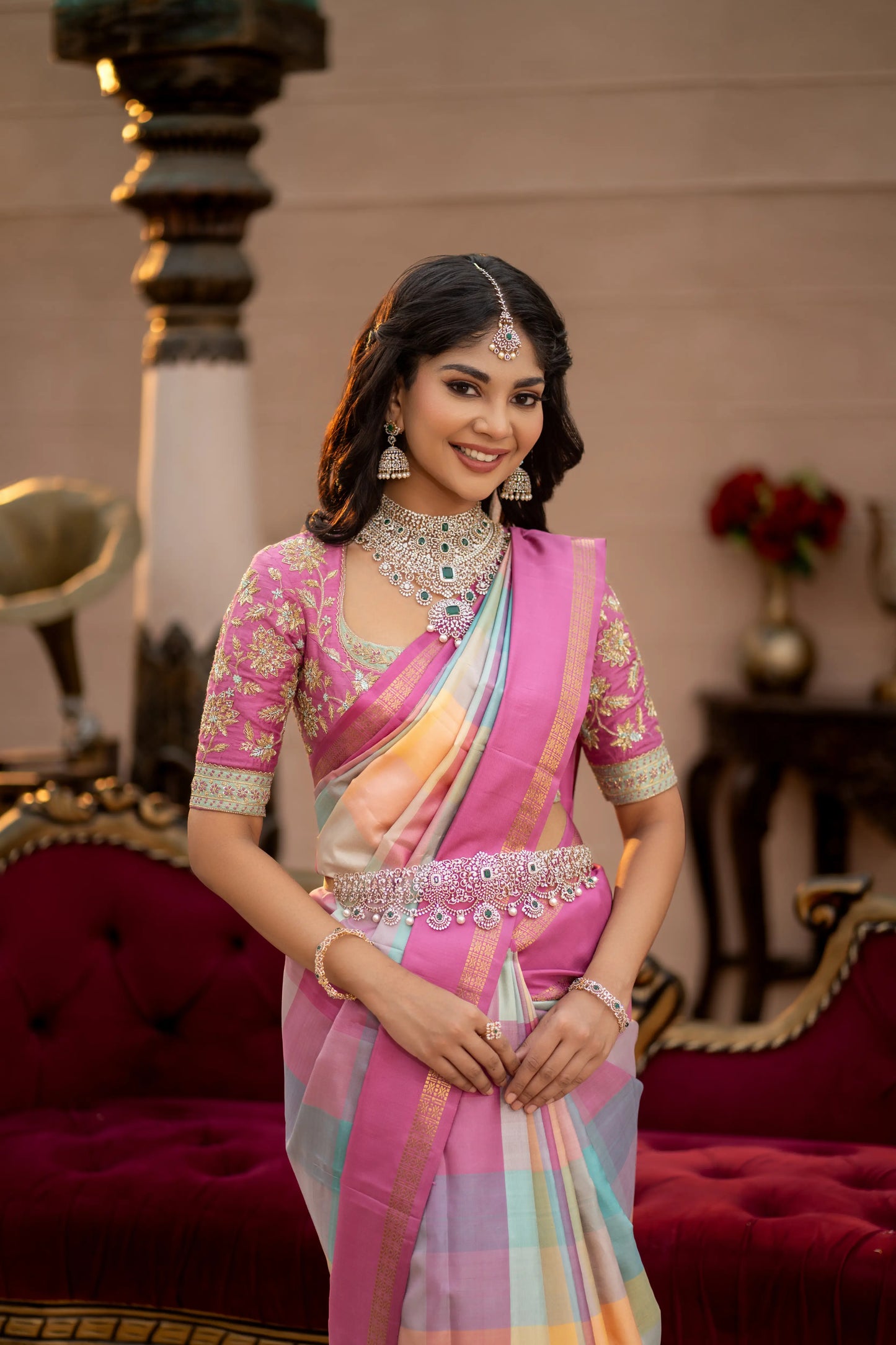 Lightweight pastel bridal saree with silk weave and traditional detailing