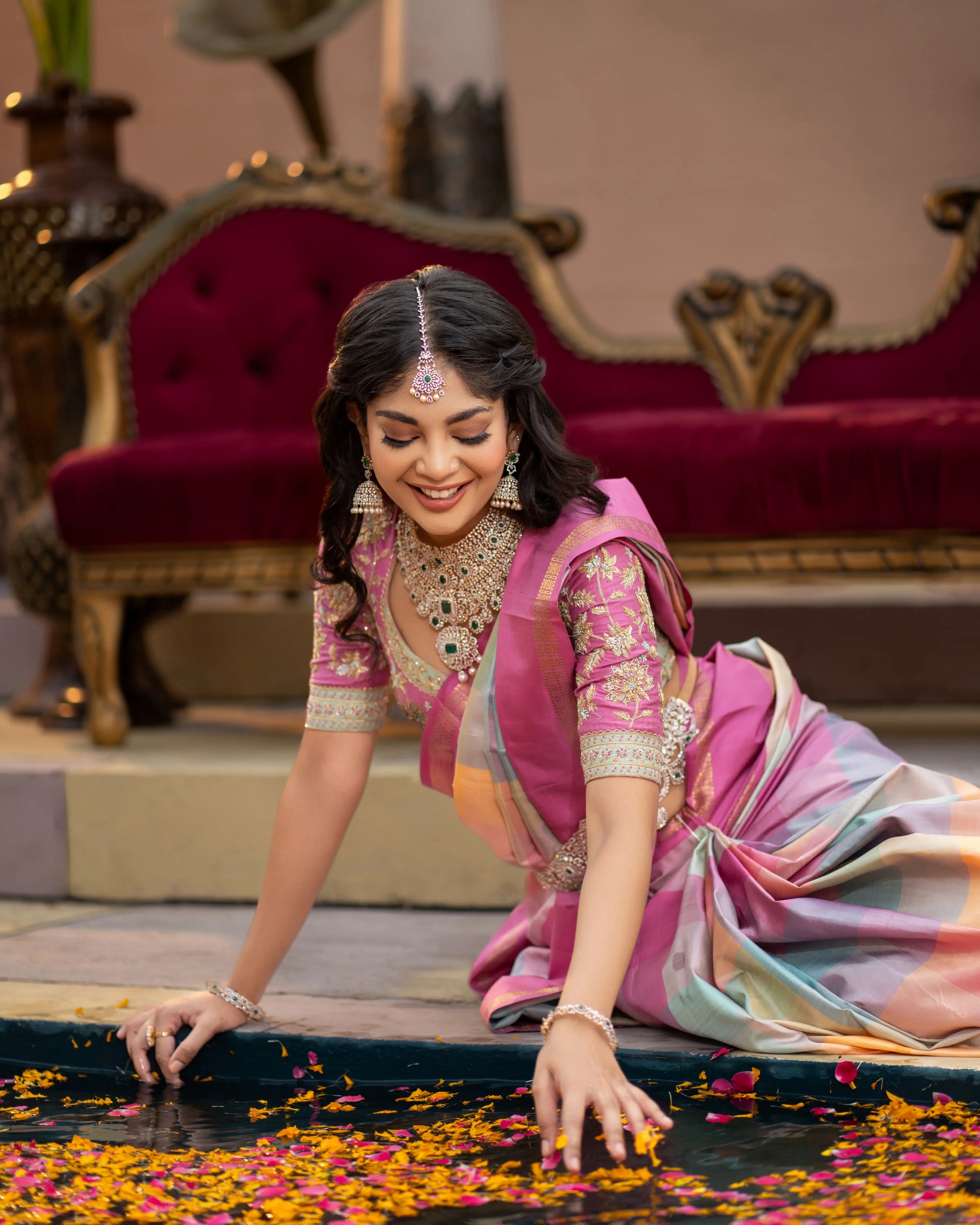 Pure silk pastel Kanjivaram saree with checks and pink edge – perfect for receptions