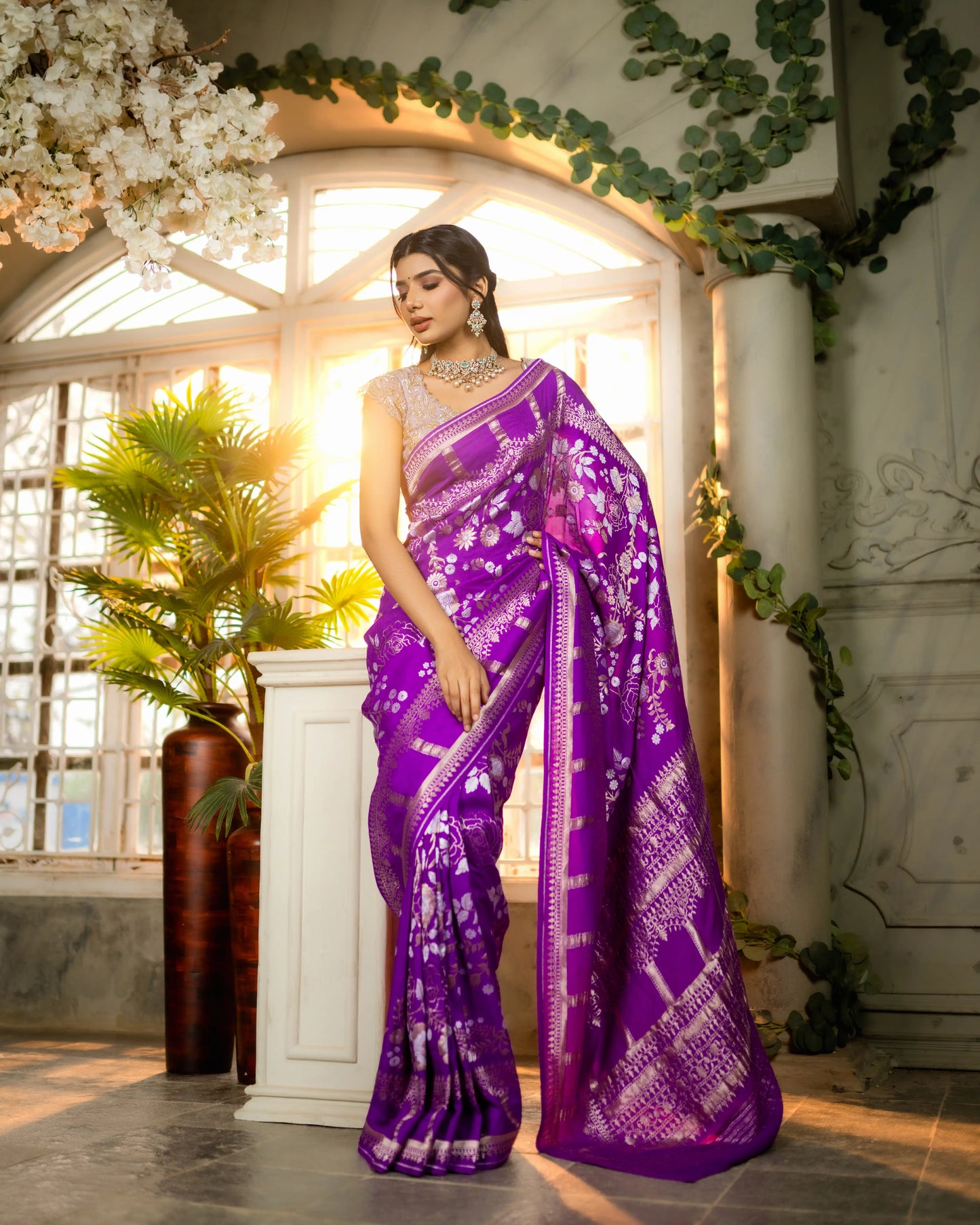 Royal purple saree with heritage zari detailing and soft moonga texture