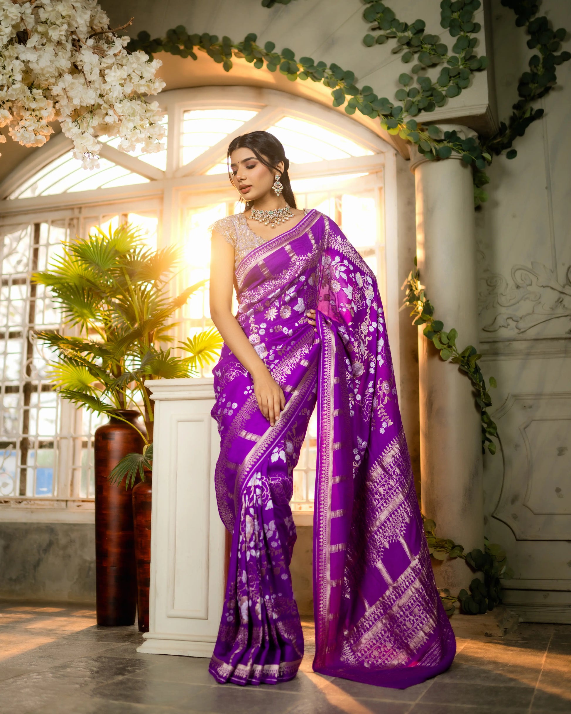 Royal purple saree with heritage zari detailing and soft moonga texture