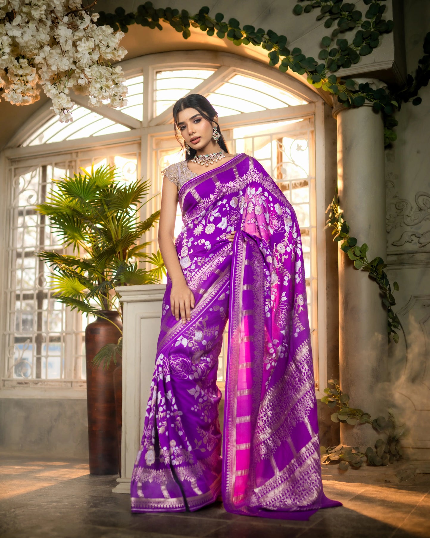 Katan Moonga saree in royal purple with traditional zari detailing for festive occasions