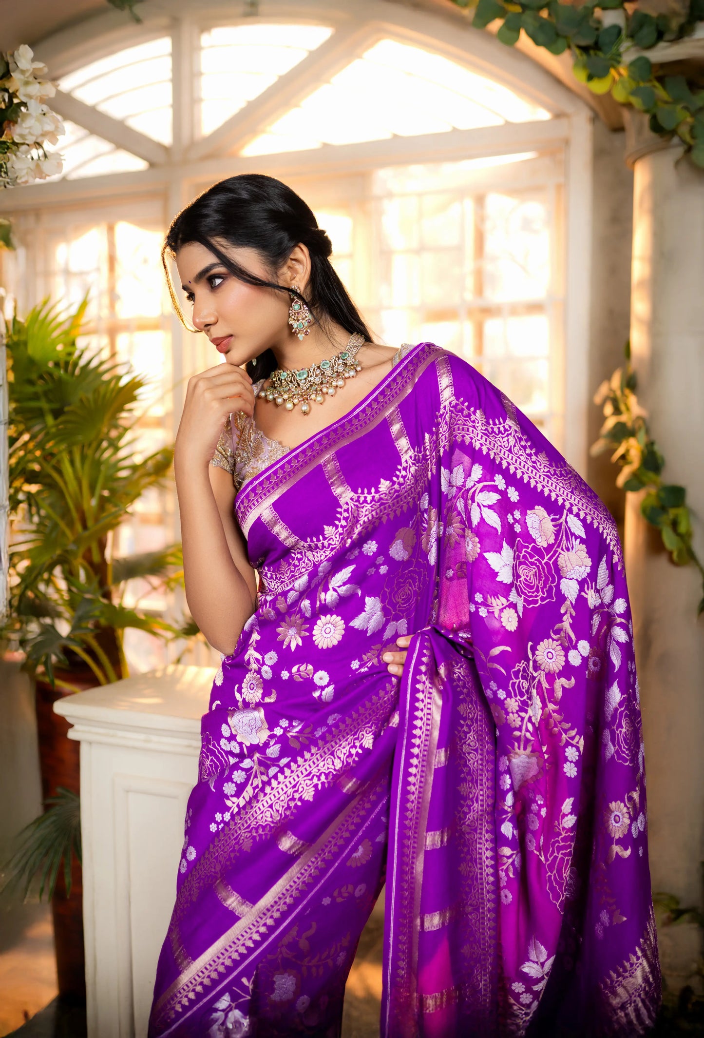 Pure silk Kora Katan saree with zari floral patterns – classic festive look