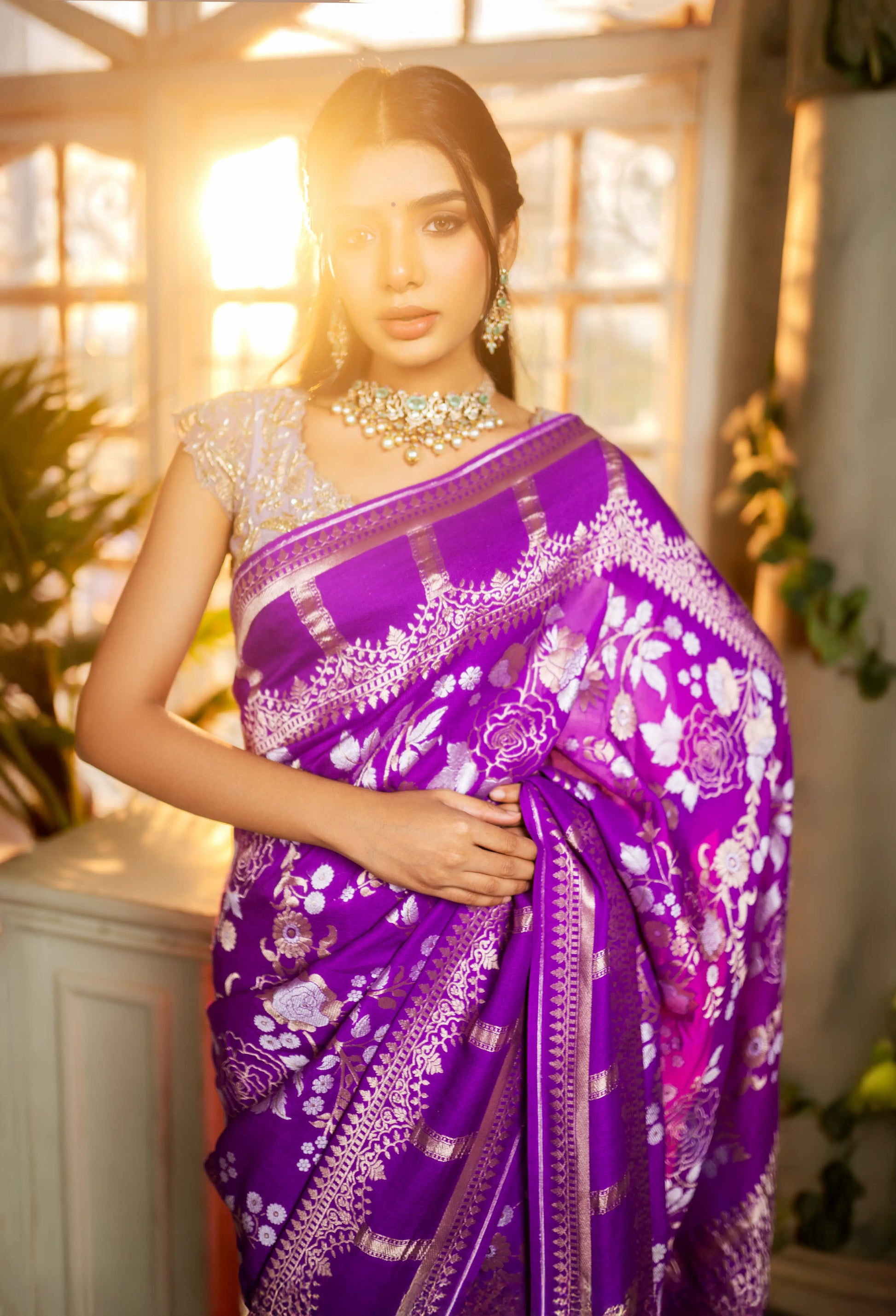 Royal purple Kora Katan Moonga saree with zari motifs and borders – House of Ishwari