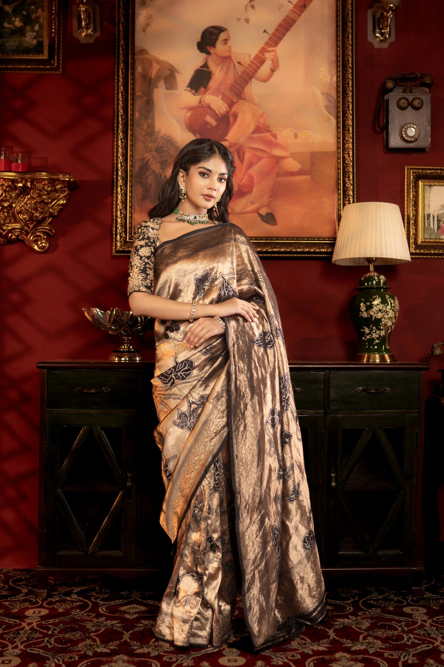 Banarasi tissue saree with black design work – ideal for evening events