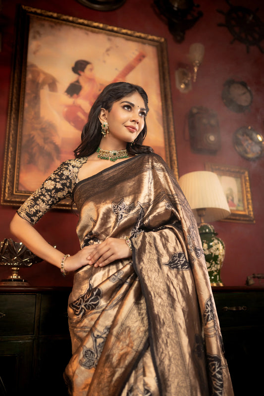 Antique gold Banarasi tissue silk saree with black floral motifs – House of Ishwari