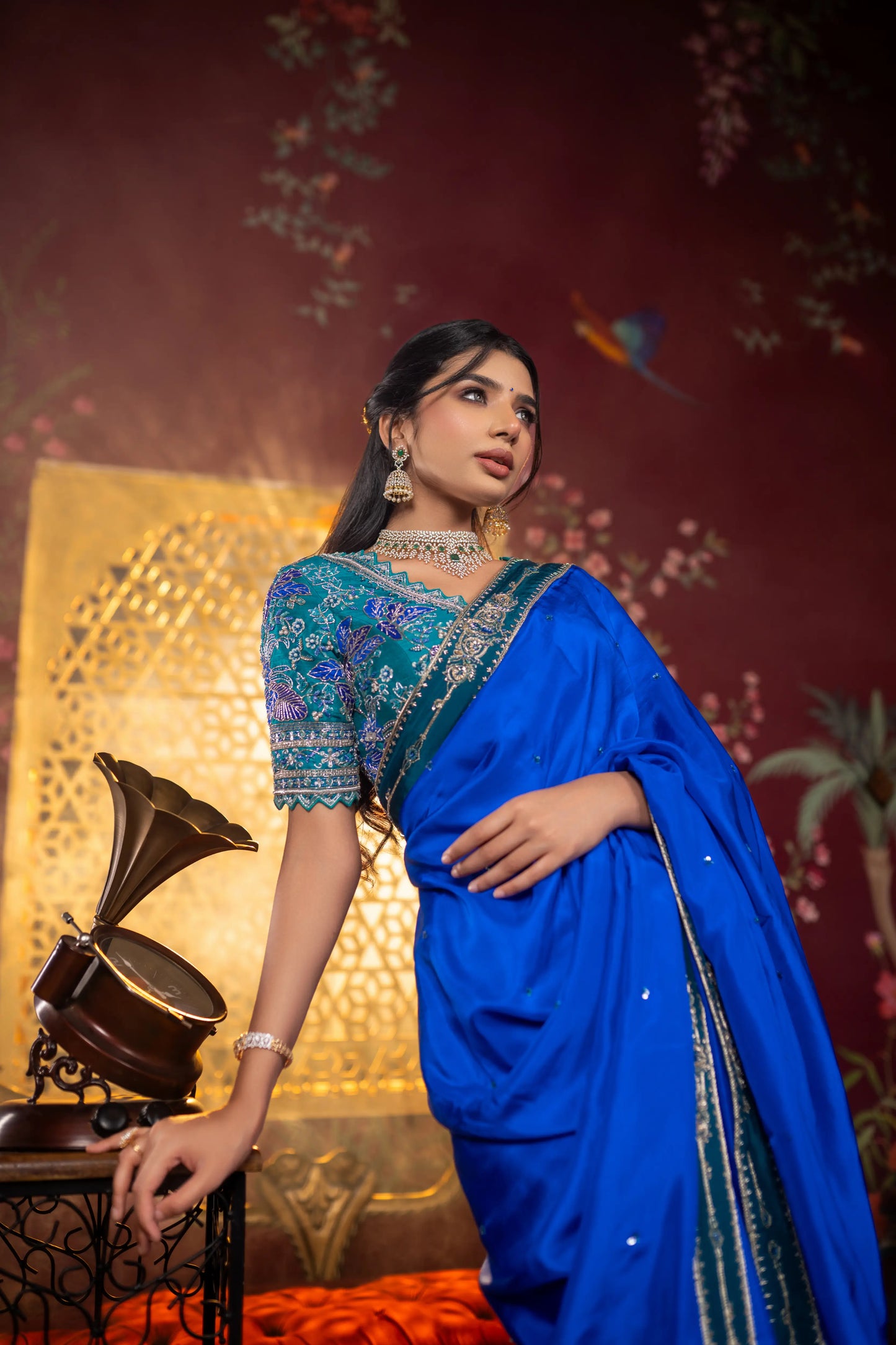 Party wear blue saree with rich detailing – evening or festive ready