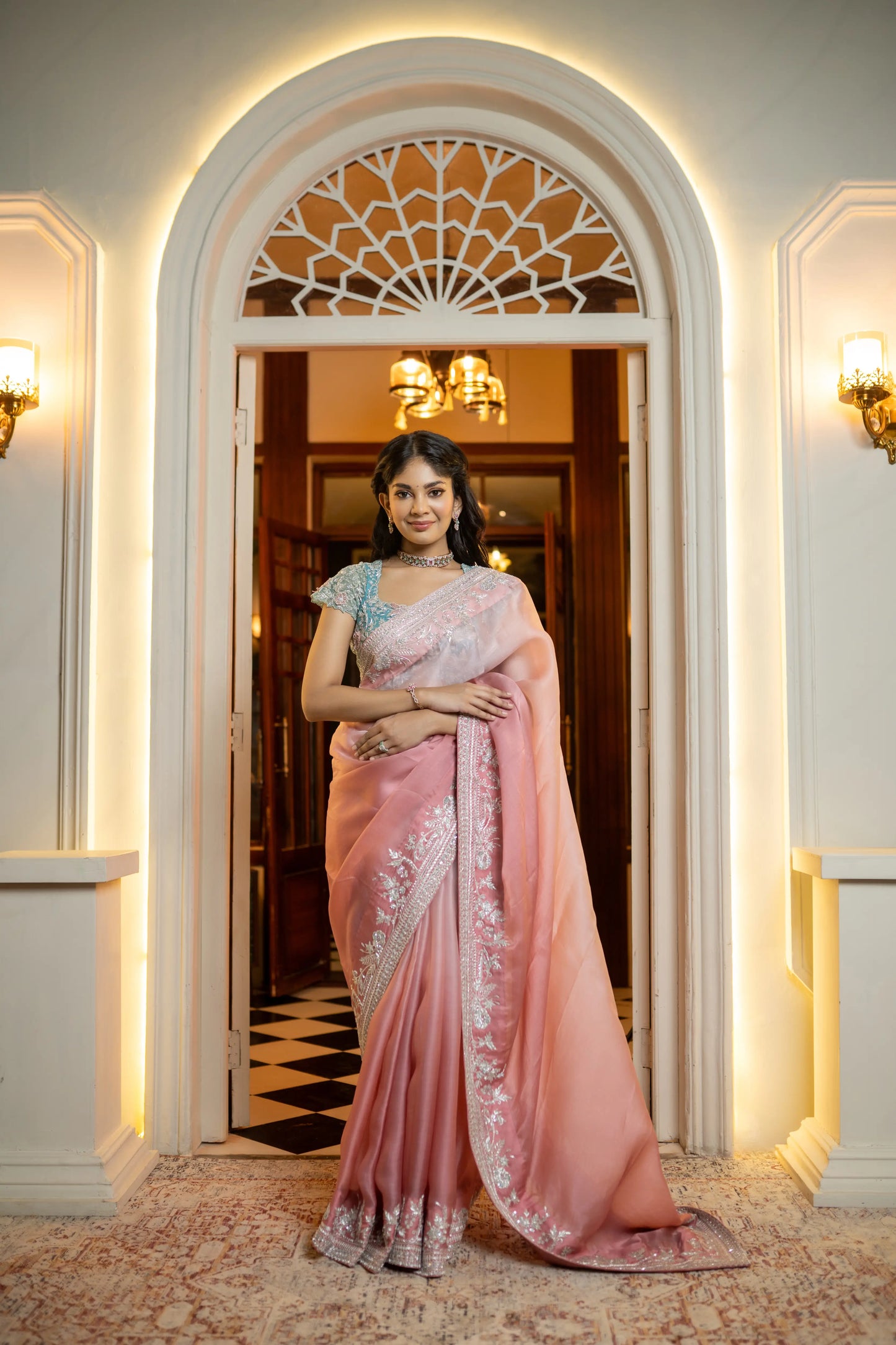 Soft ombre saree with threadwork and sheer drape – perfect for receptions