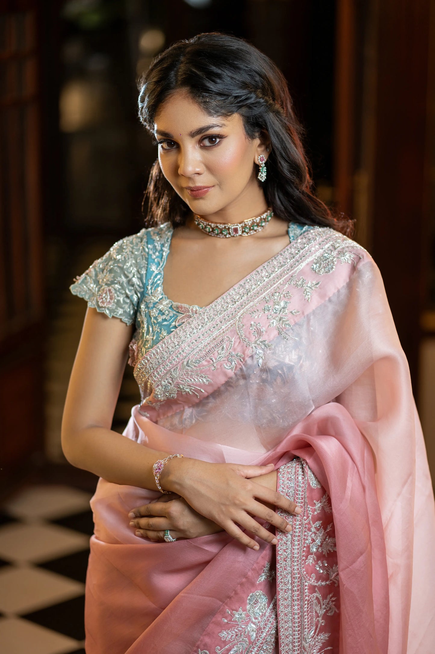 Organza saree in blush to deep pink transition with embroidery
