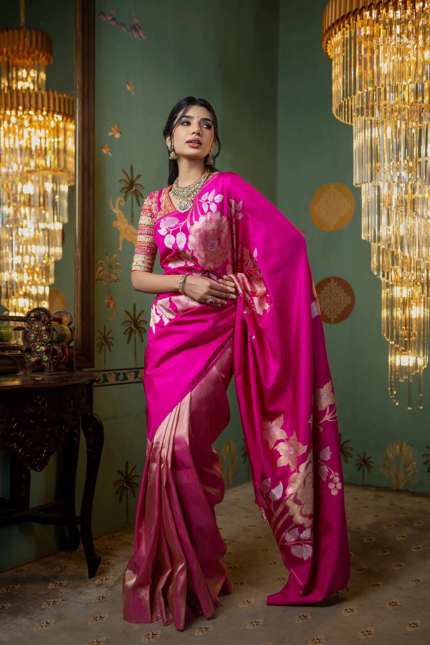 Banarasi tissue silk saree in deep pink – perfect for weddings and celebrations