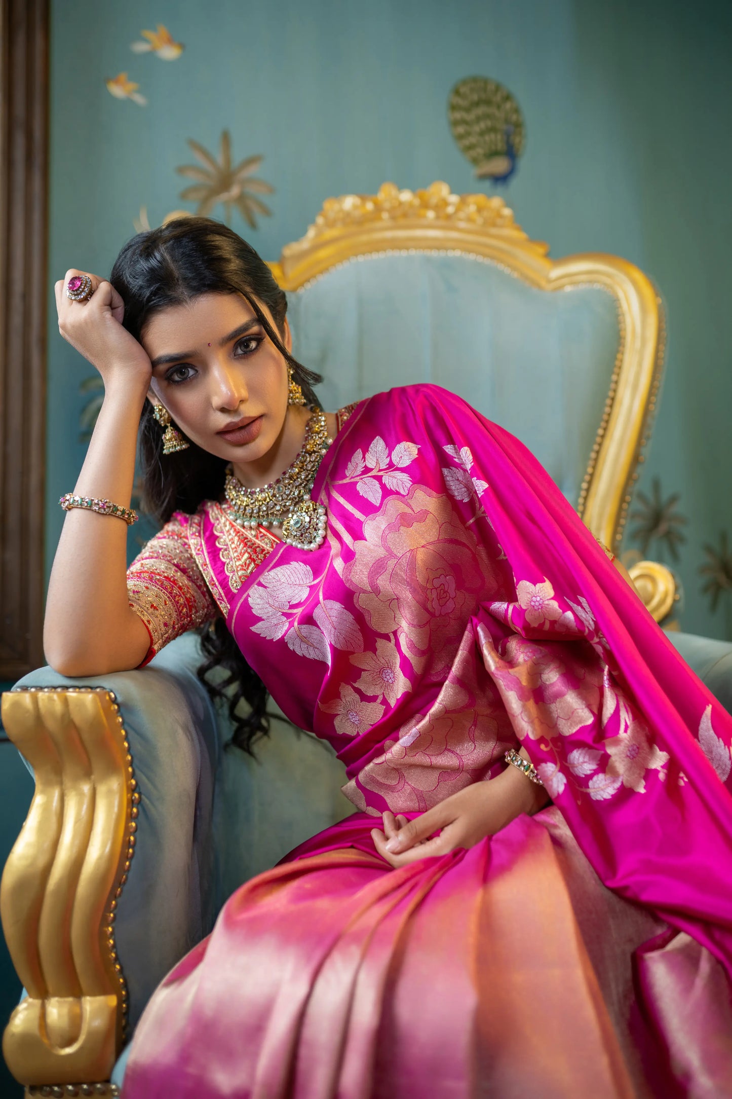 Dual-finish silk saree with traditional motifs and soft shine