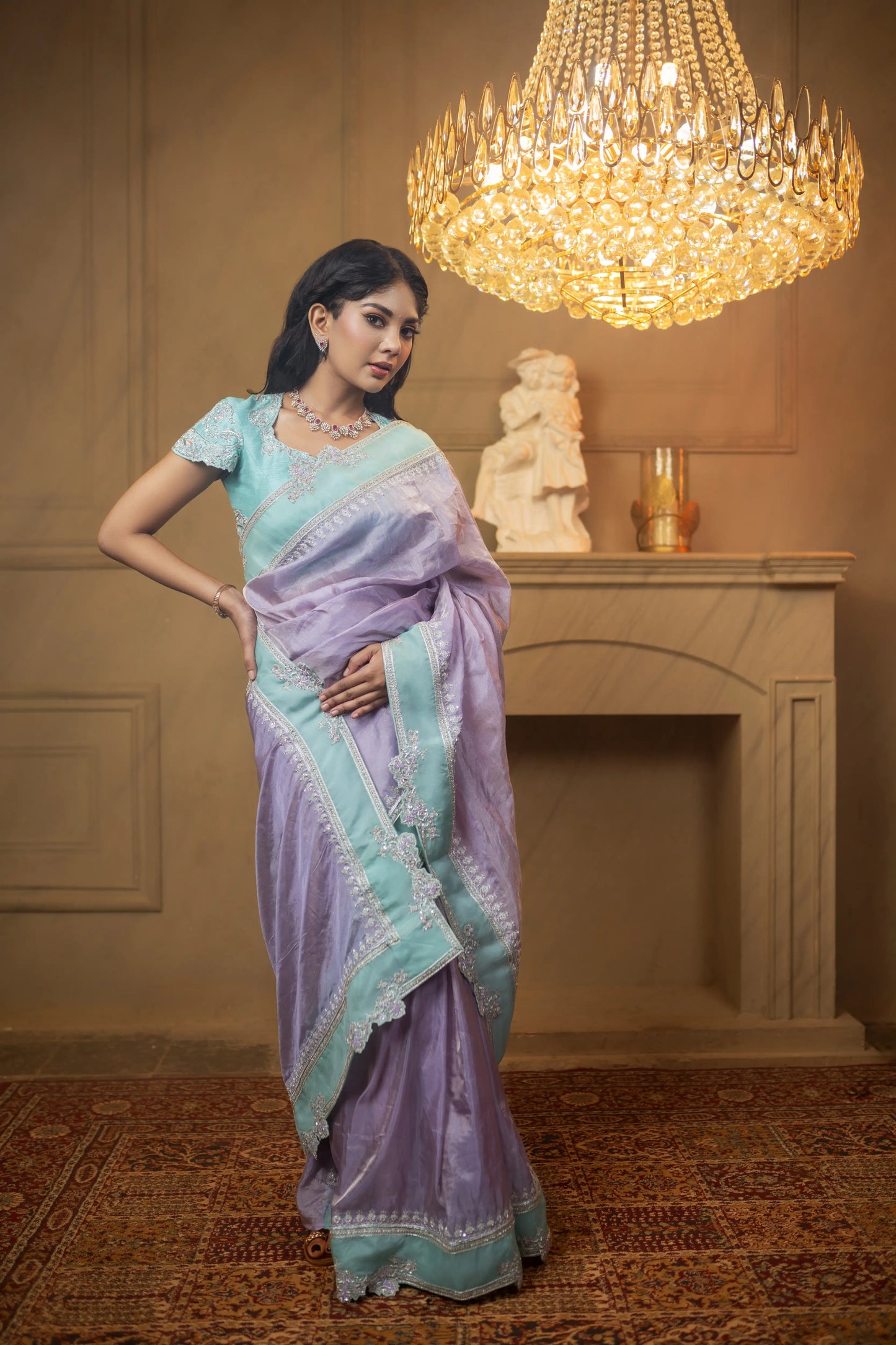 Tissue saree in pastel lavender with included embroidered blouse