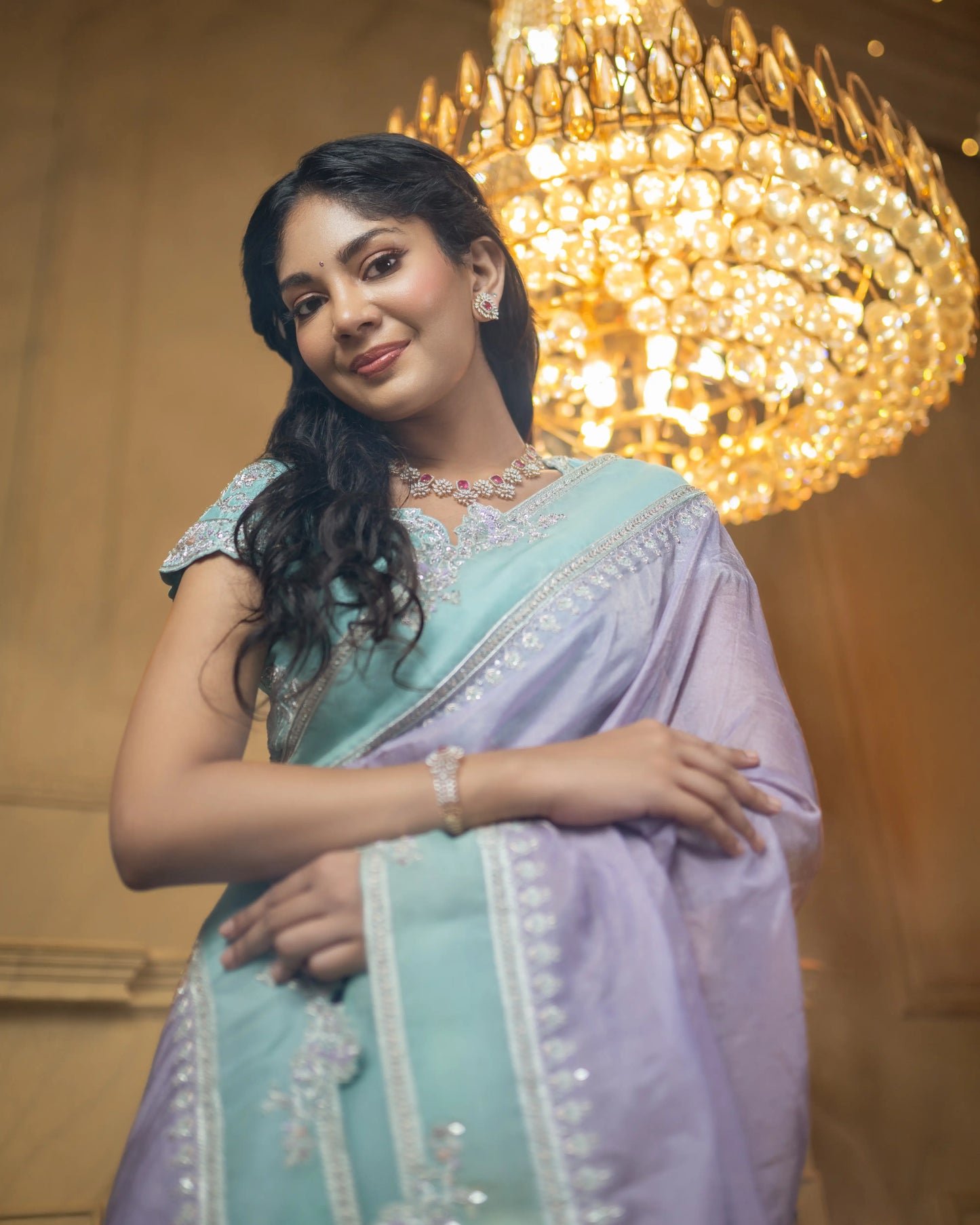 Lavender saree set with aqua embellished edge – perfect for receptions