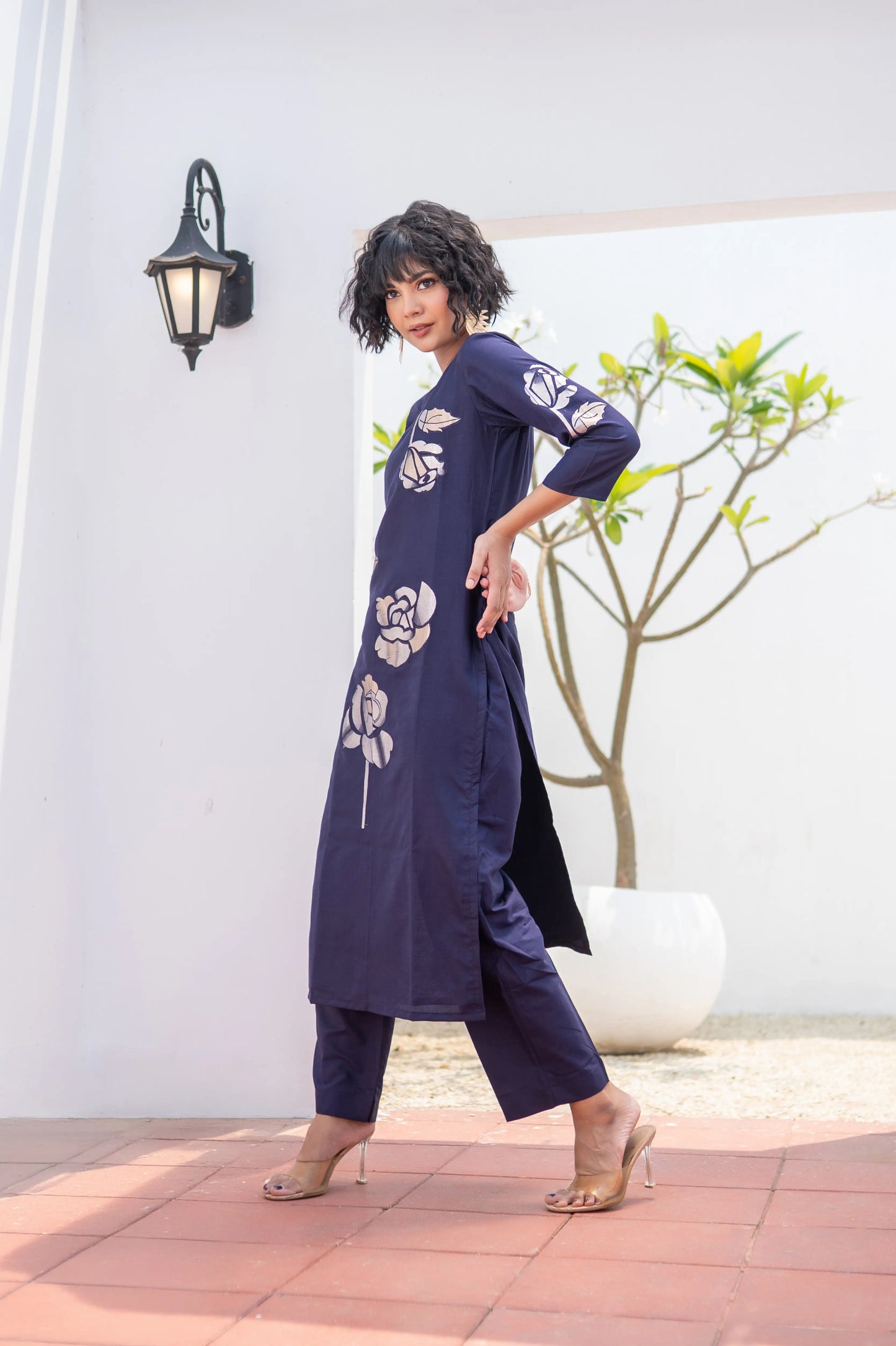 Navy blue kurta set featuring soft Banarasi weave – breathable and graceful Indian wear