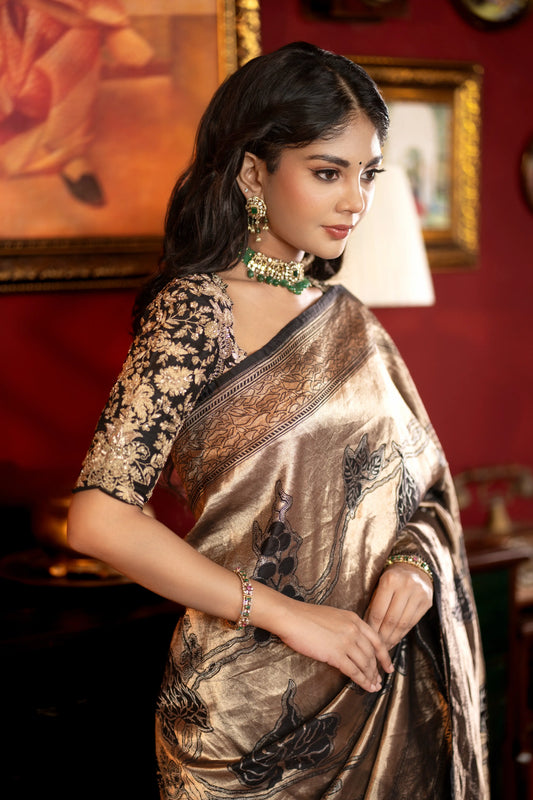 Gold Banarasi saree with woven black detailing – elegant festive drape