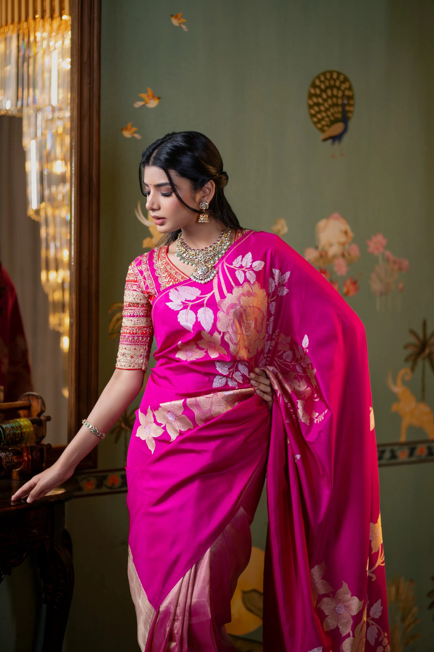 Half and half Banarasi saree in deep pink with dual-texture finish