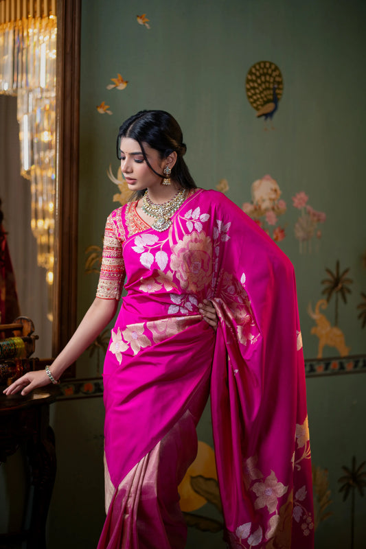 Deep pink Banarasi tissue silk saree with zari motifs – House of Ishwari