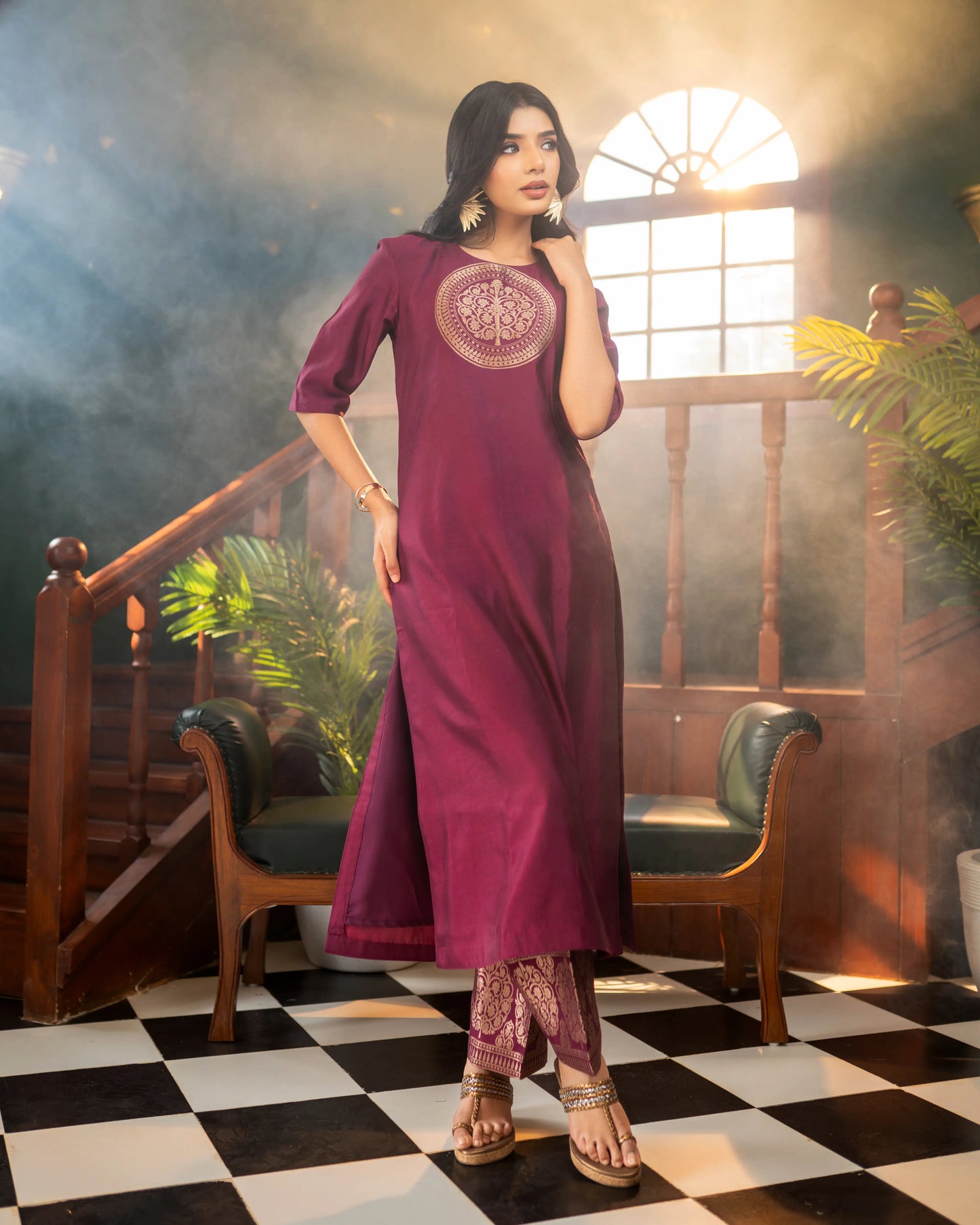 Rich Banarasi weave detail on deep wine kurta – graceful look for cultural events
