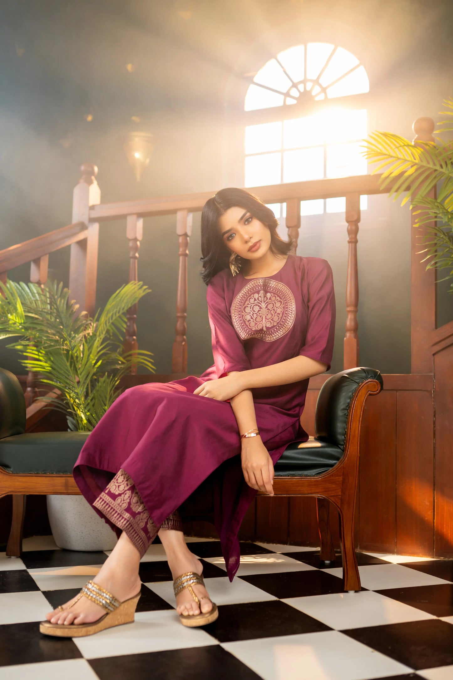Buy elegant deep wine suit set with Banarasi pants – perfect for poojas and festive gatherings