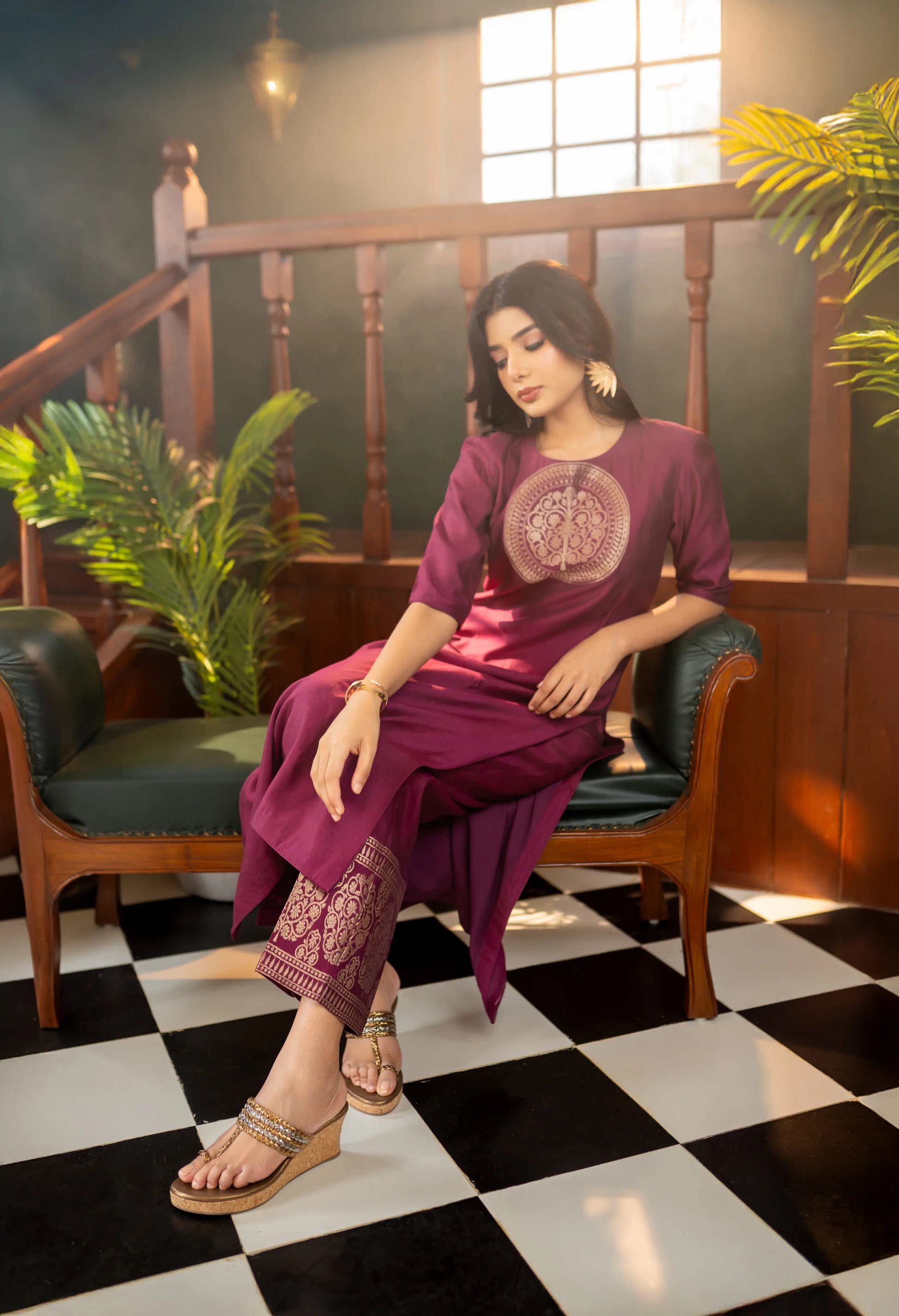 Festive kurta set in deep wine with intricate woven detailing – Indian ethnic fashion