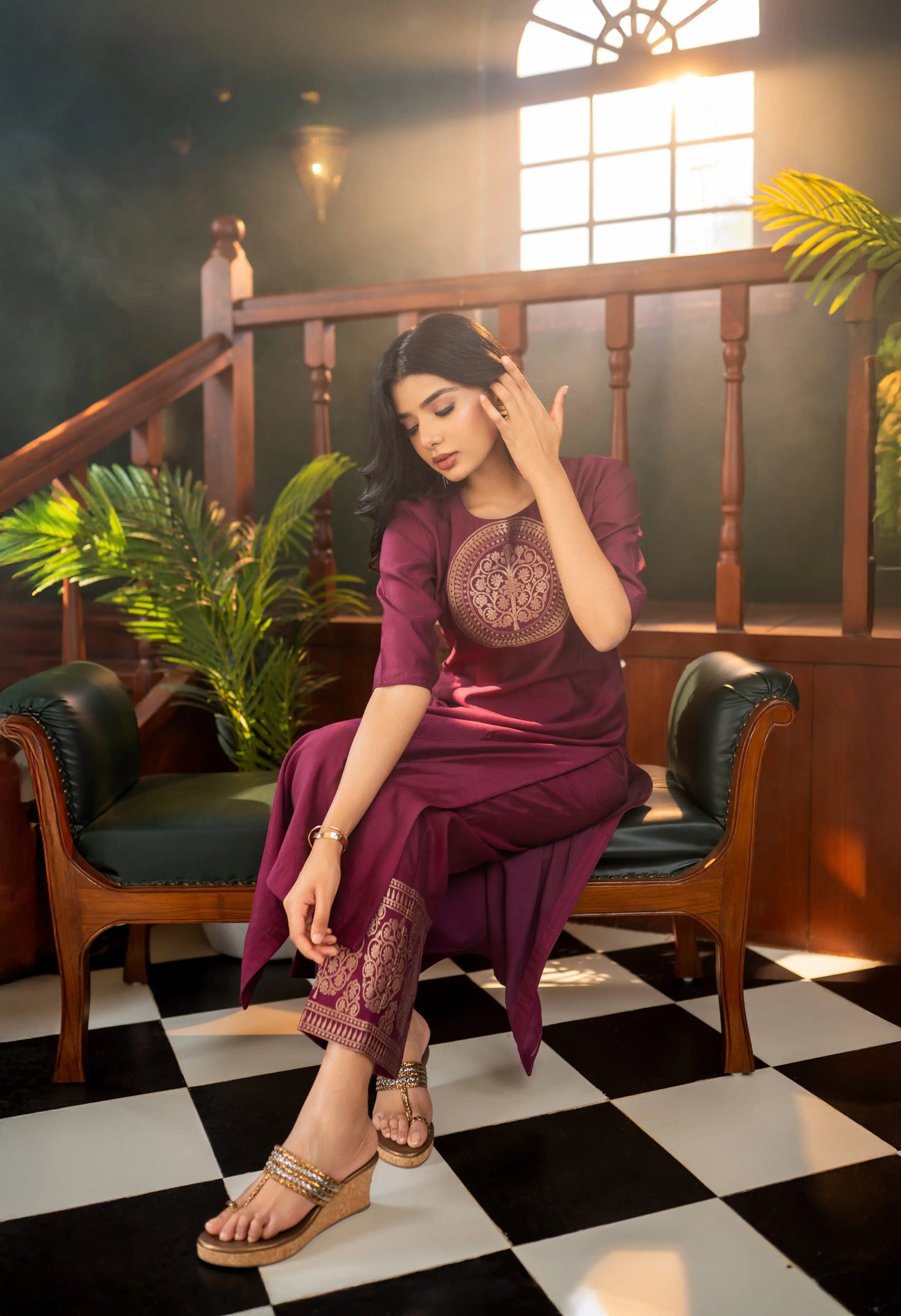 Deep wine kurta with Banarasi medallion and coordinated bottoms – premium traditional outfit