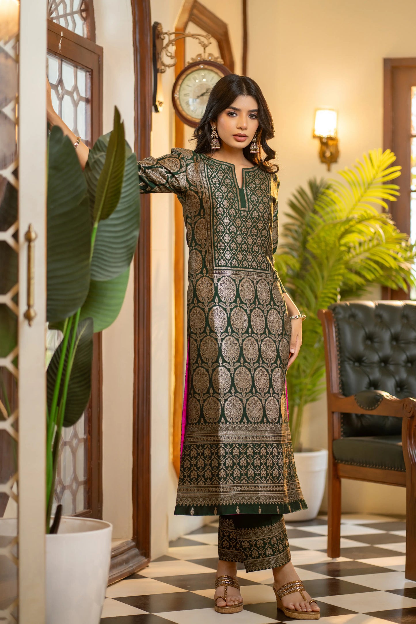 Intricately woven Banarasi suit in green – perfect for pujas, ceremonies, and traditional gatherings