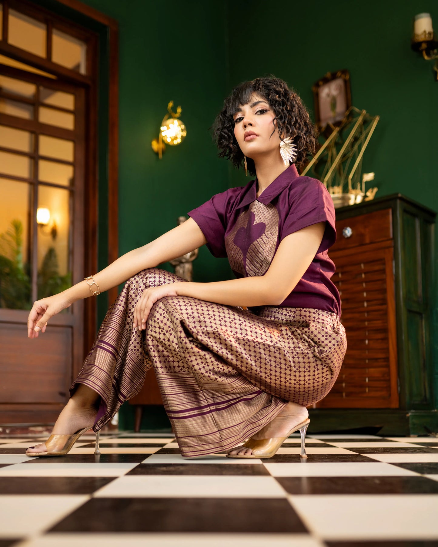 Deep wine ethnic top with Banarasi details and matching palazzo pants – statement ensemble