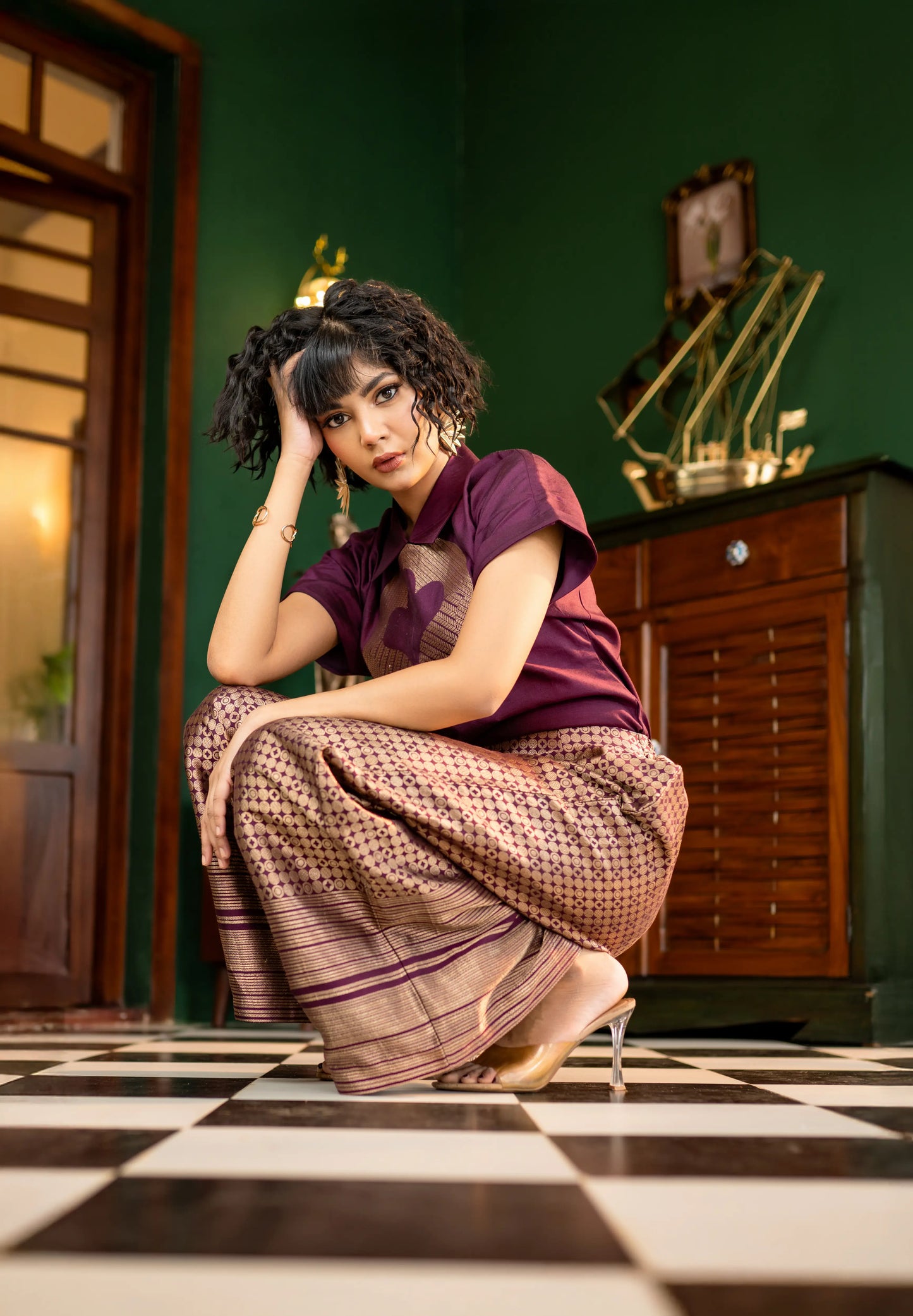 Luxury Banarasi palazzo pants styled with structured motif top – ideal for Indian celebrations