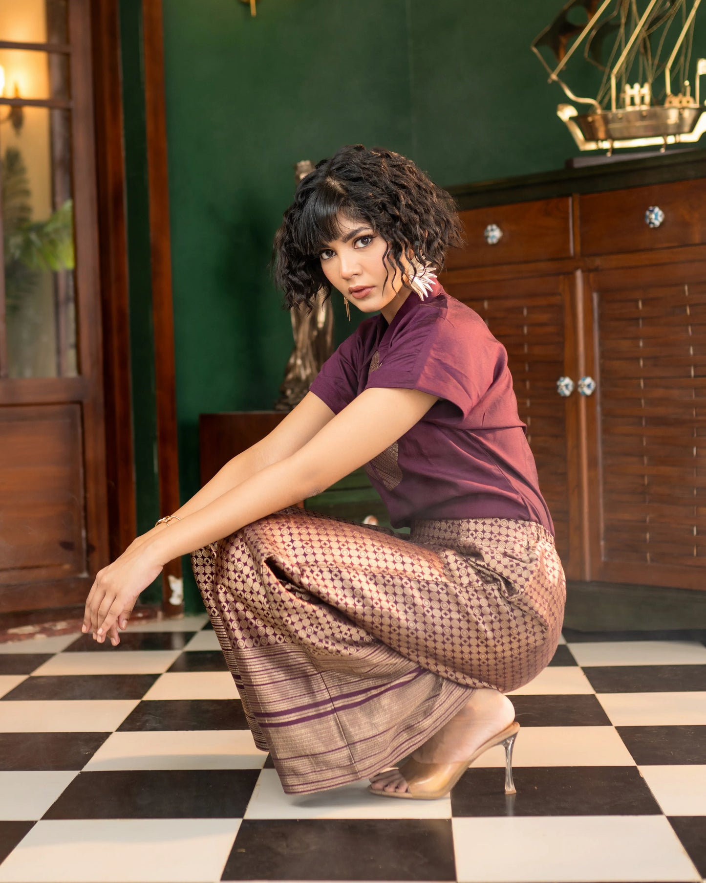 Designer fusion wear with woven medallion top and flared Banarasi pants – perfect for festive nights