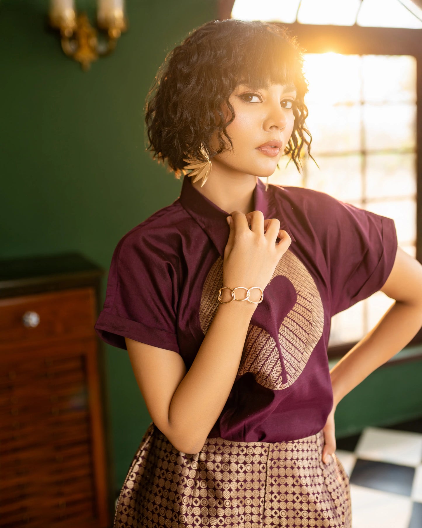 Shop Indo-western festive look – deep wine motif blouse and Banarasi bottoms