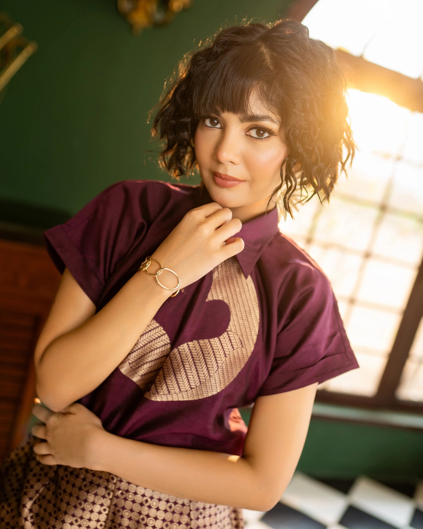 Fashion-forward ethnic set – wine short top with Banarasi palazzo for sangeet or dinner parties