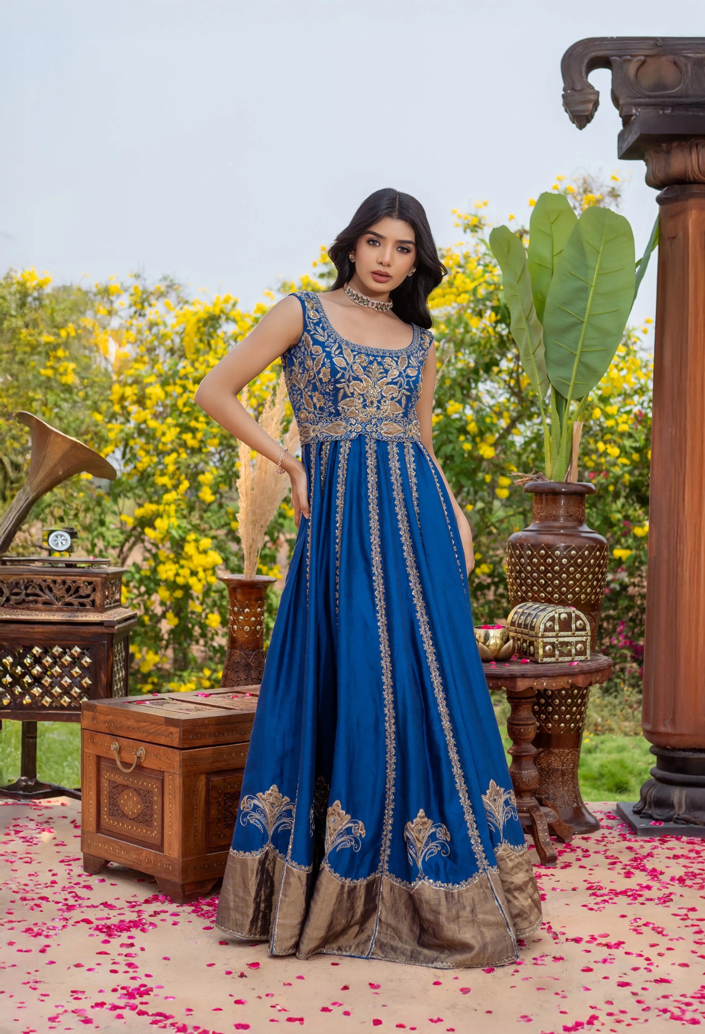 Sleeveless Anarkali dress with embroidered bodice and silk-blend finish