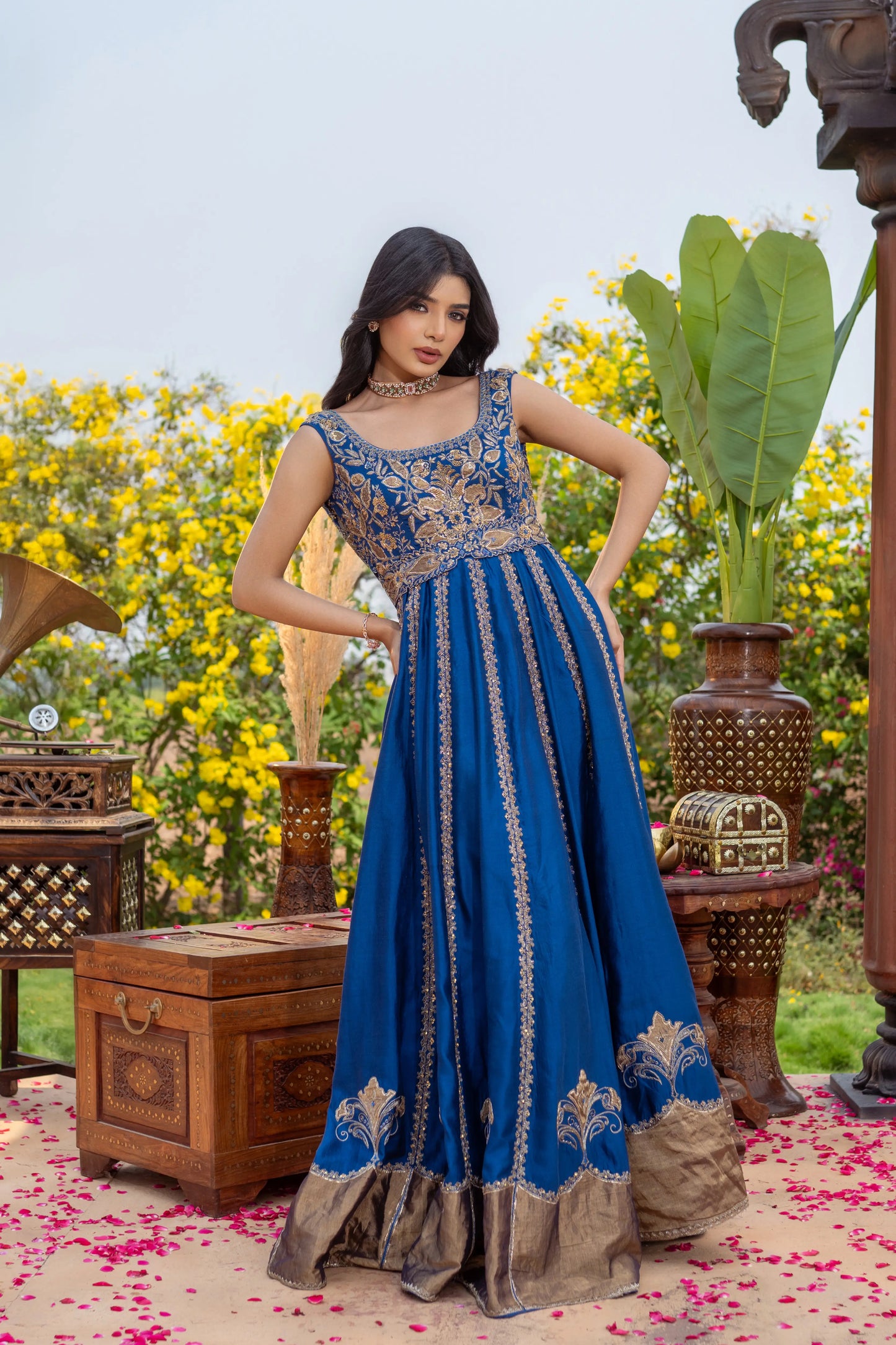 Royal blue Anarkali gown with golden embroidery and brocade border – House of Ishwari
