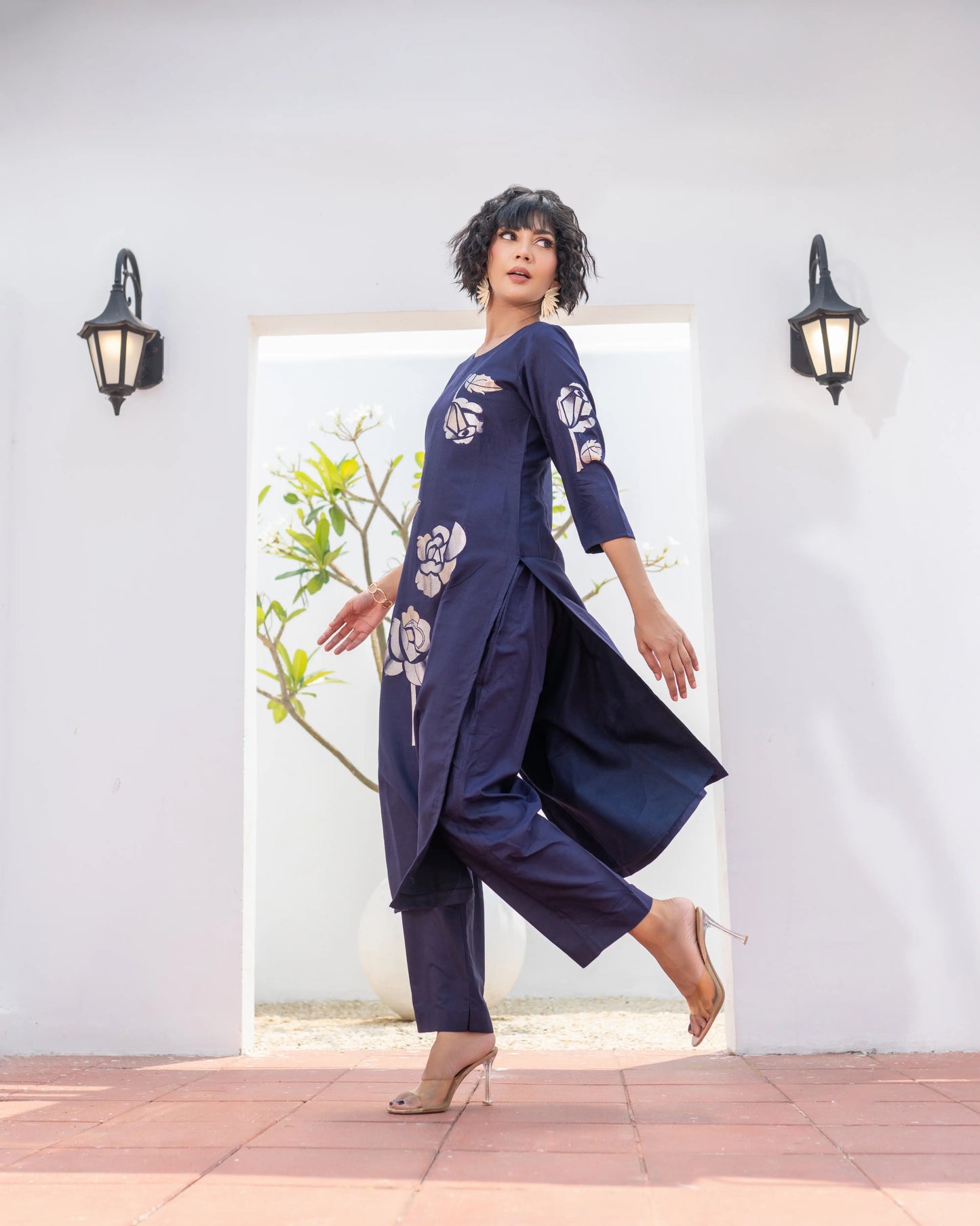 Timeless navy blue ethnic set with woven floral motifs – modern yet traditional silhouette