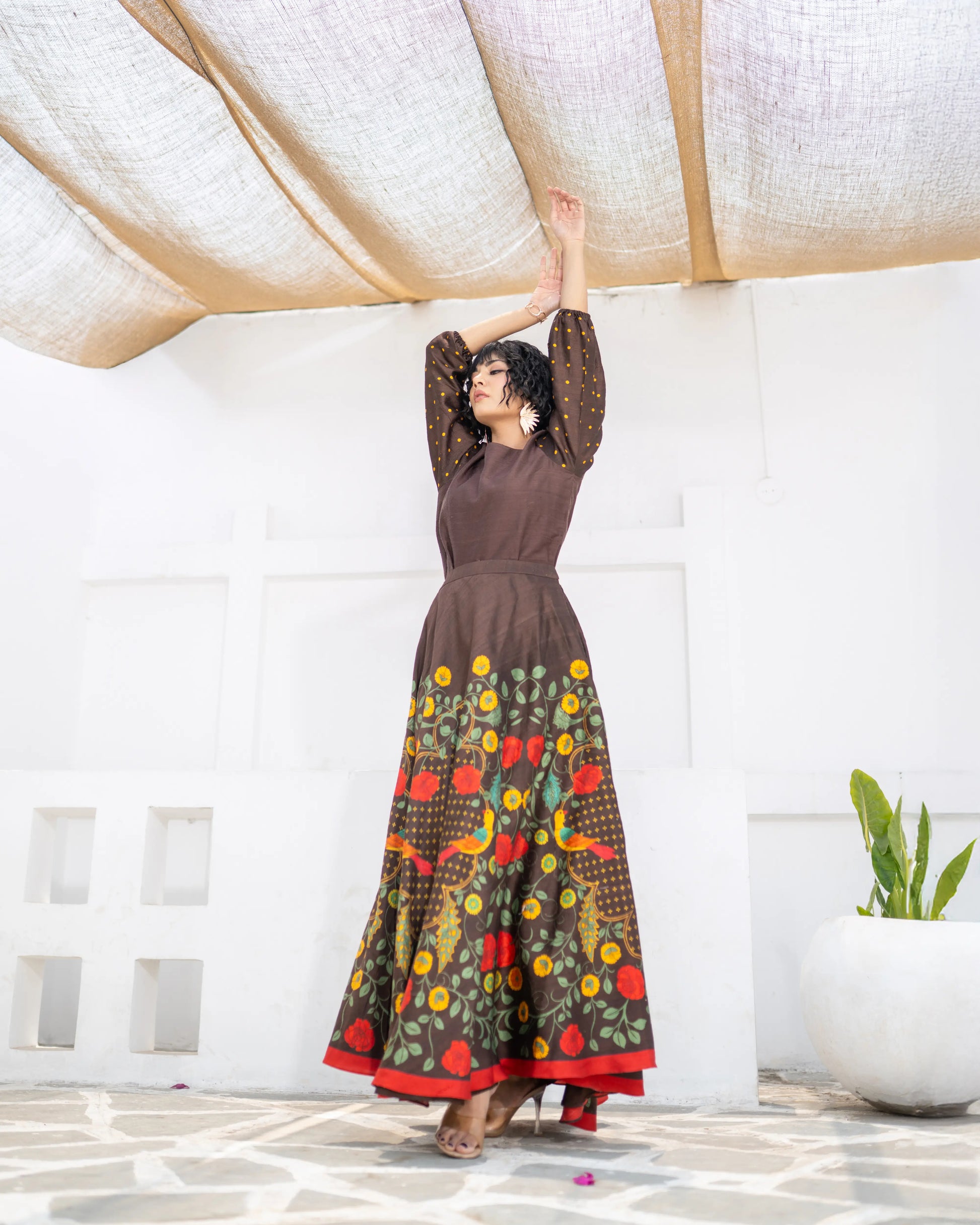 Stylish brown top and skirt set with folk-inspired print – casual ethnic wear