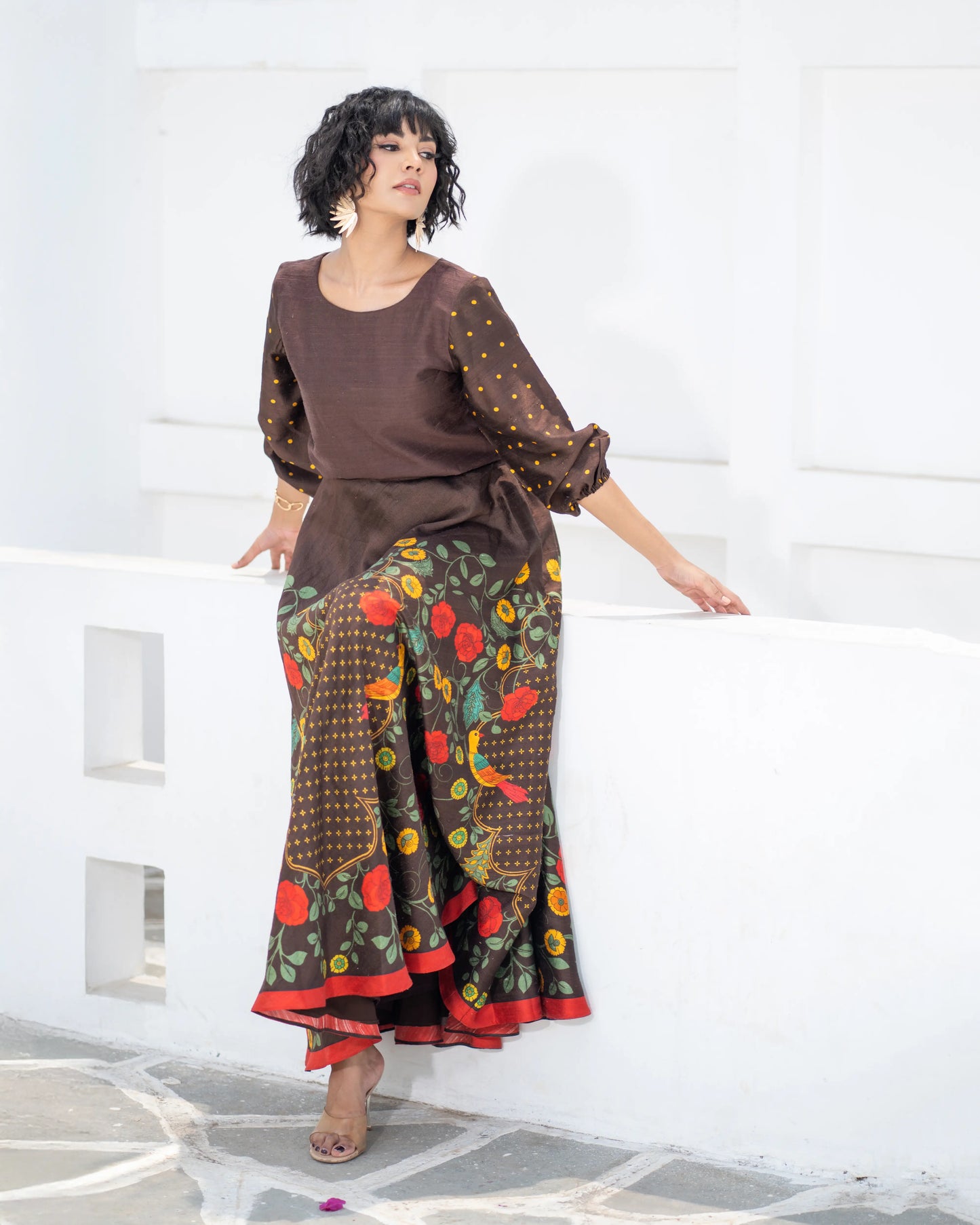 House of Ishwari printed co-ord set in earthy tones and bright accents
