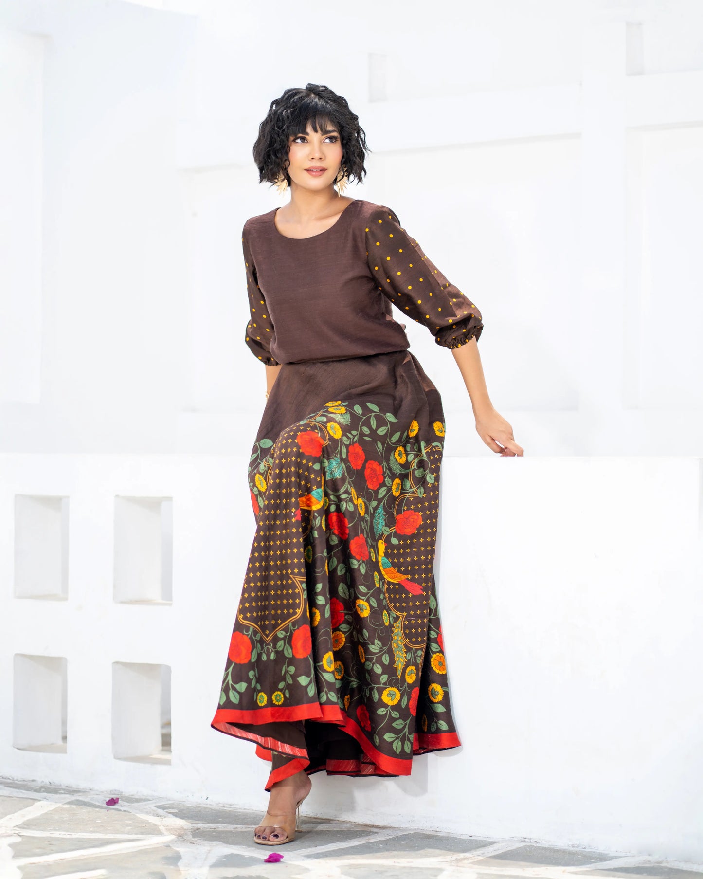 Flowy floral printed skirt with matching brown top – relaxed festive set