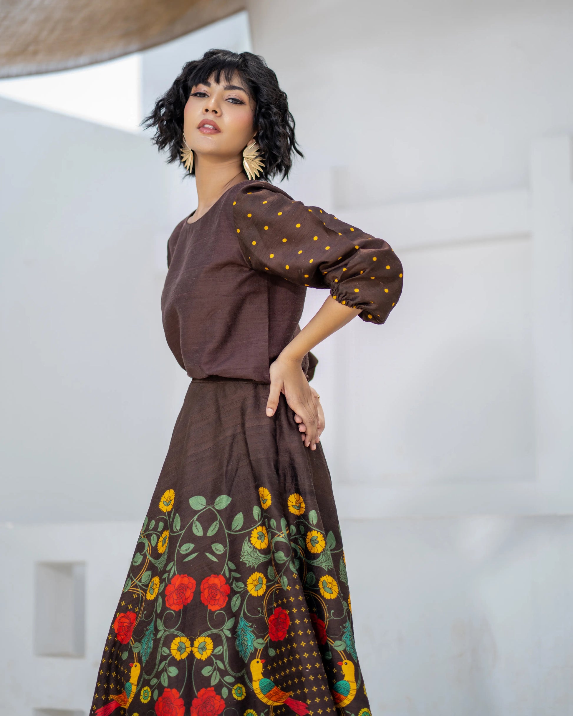 Brown printed co-ord set with full sleeve top and floral flare skirt – House of Ishwari
