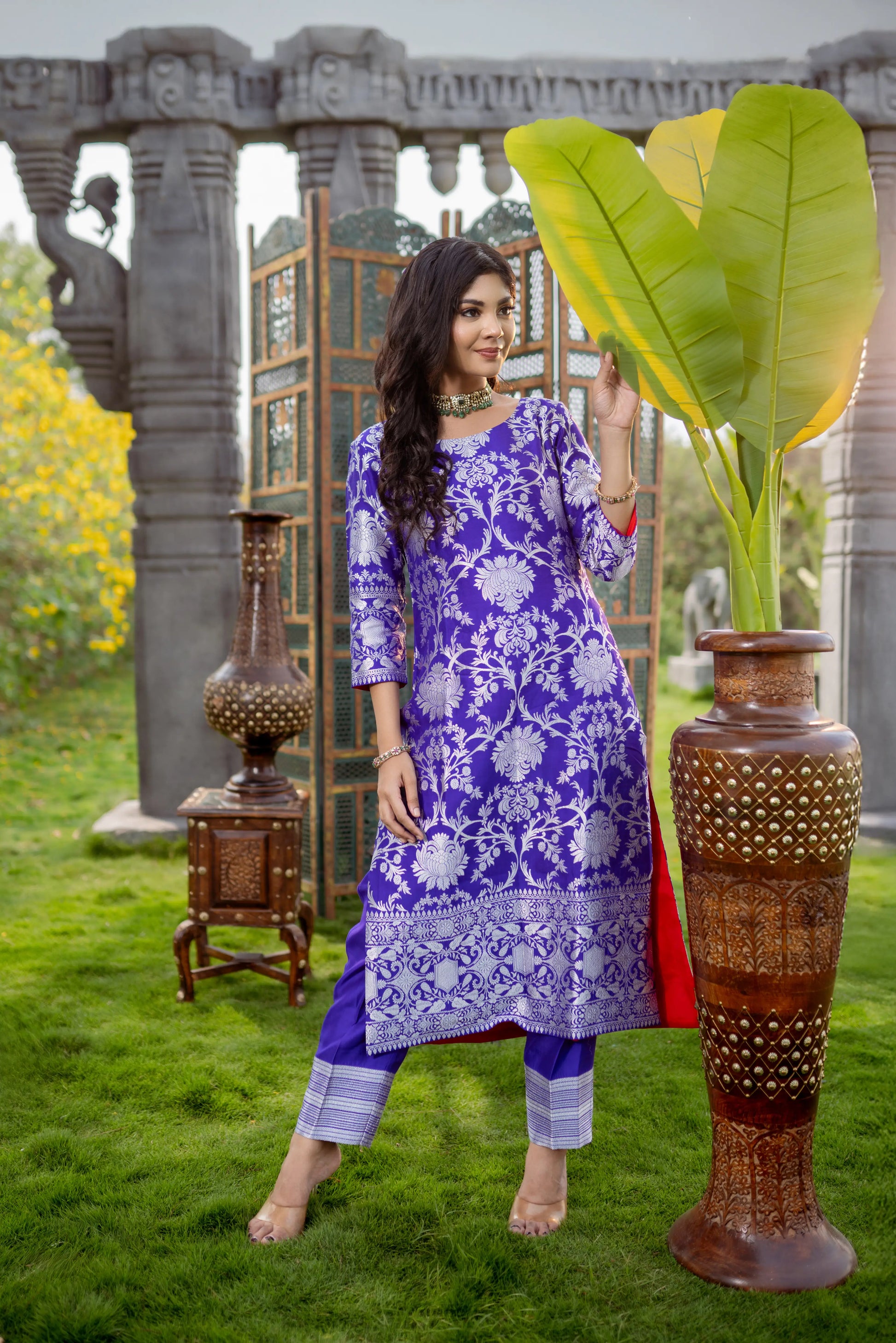 Silver floral weave on purple festive kurta – paired with checked straight-fit pants