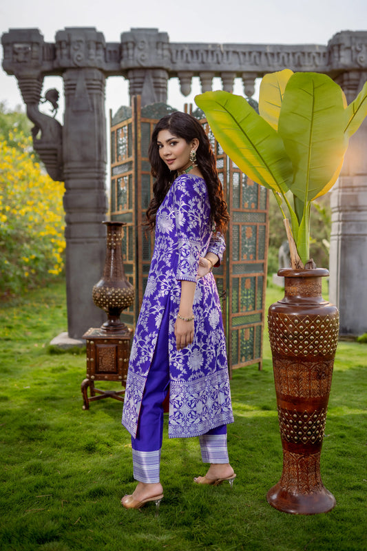Elegant purple kurta with Banarasi woven motifs and contrast pants – perfect for family gatherings