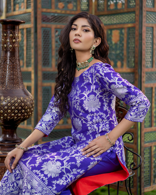 Shop royal purple Banarasi kurta set with silver floral weave – festive Indian outfit by House of Ishwari