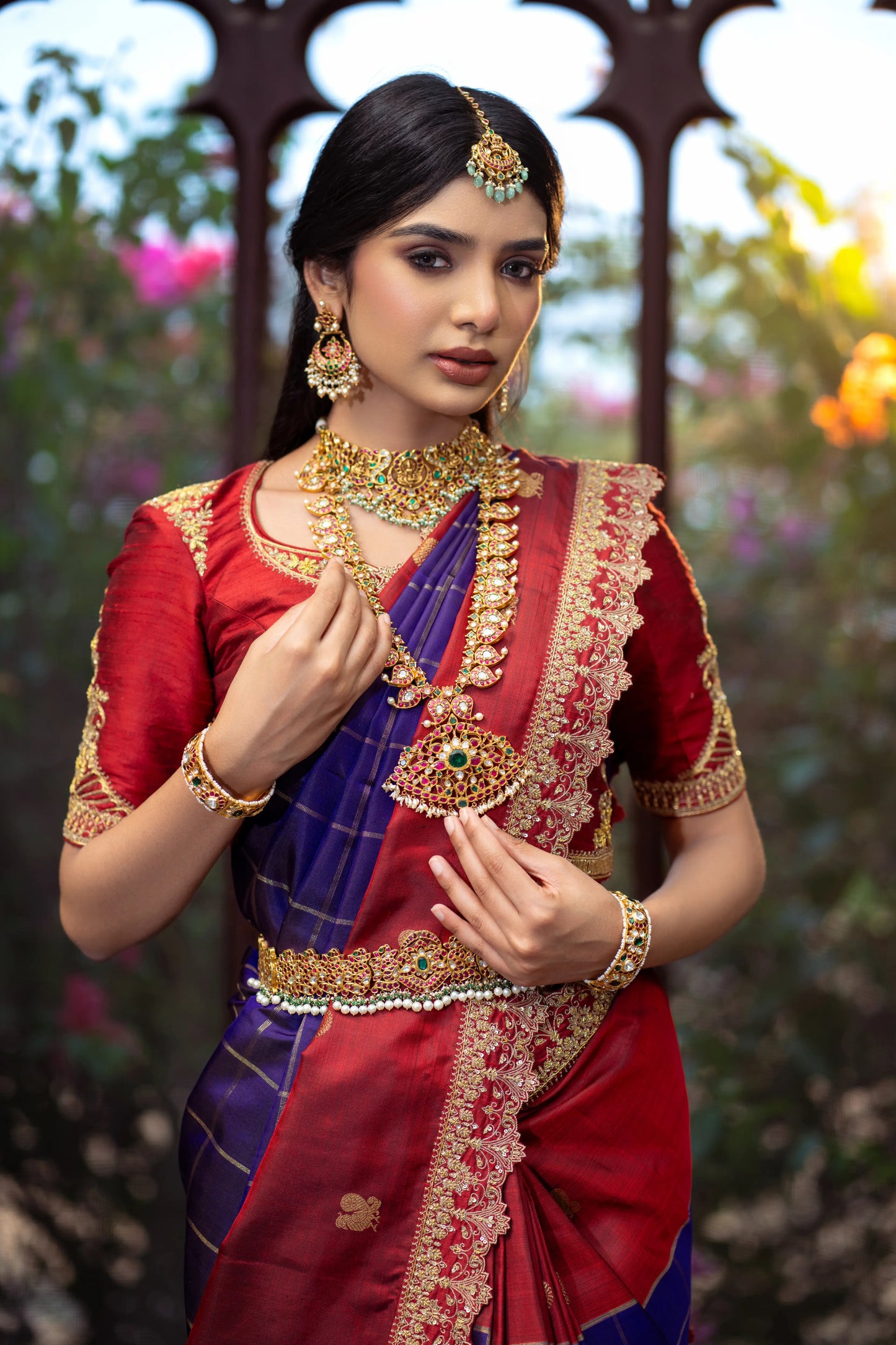 Bridal Kanjivaram saree set with South Indian traditional styling