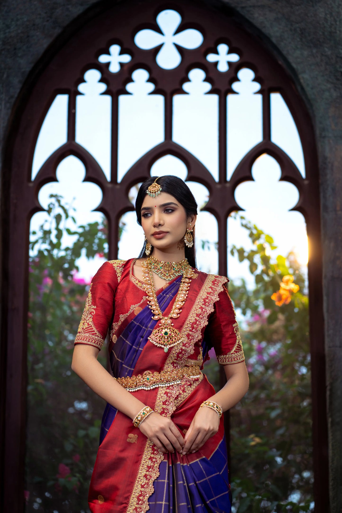 Classic royal blue silk saree with traditional South Indian weaving