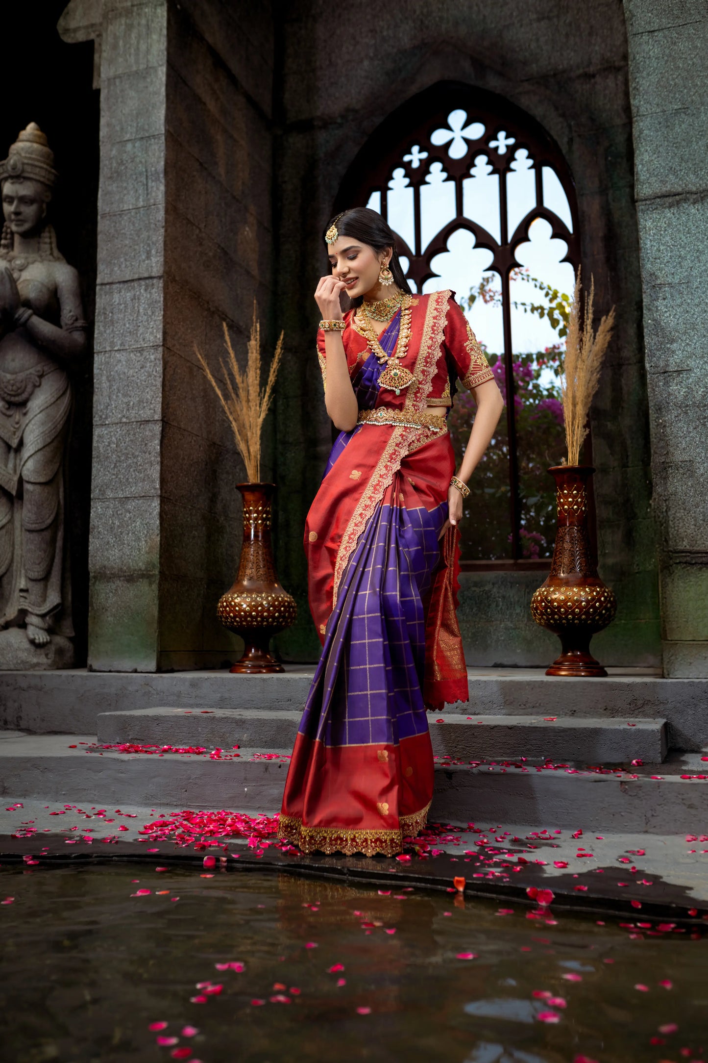 Shop royal blue silk saree with golden zari checks – perfect for weddings