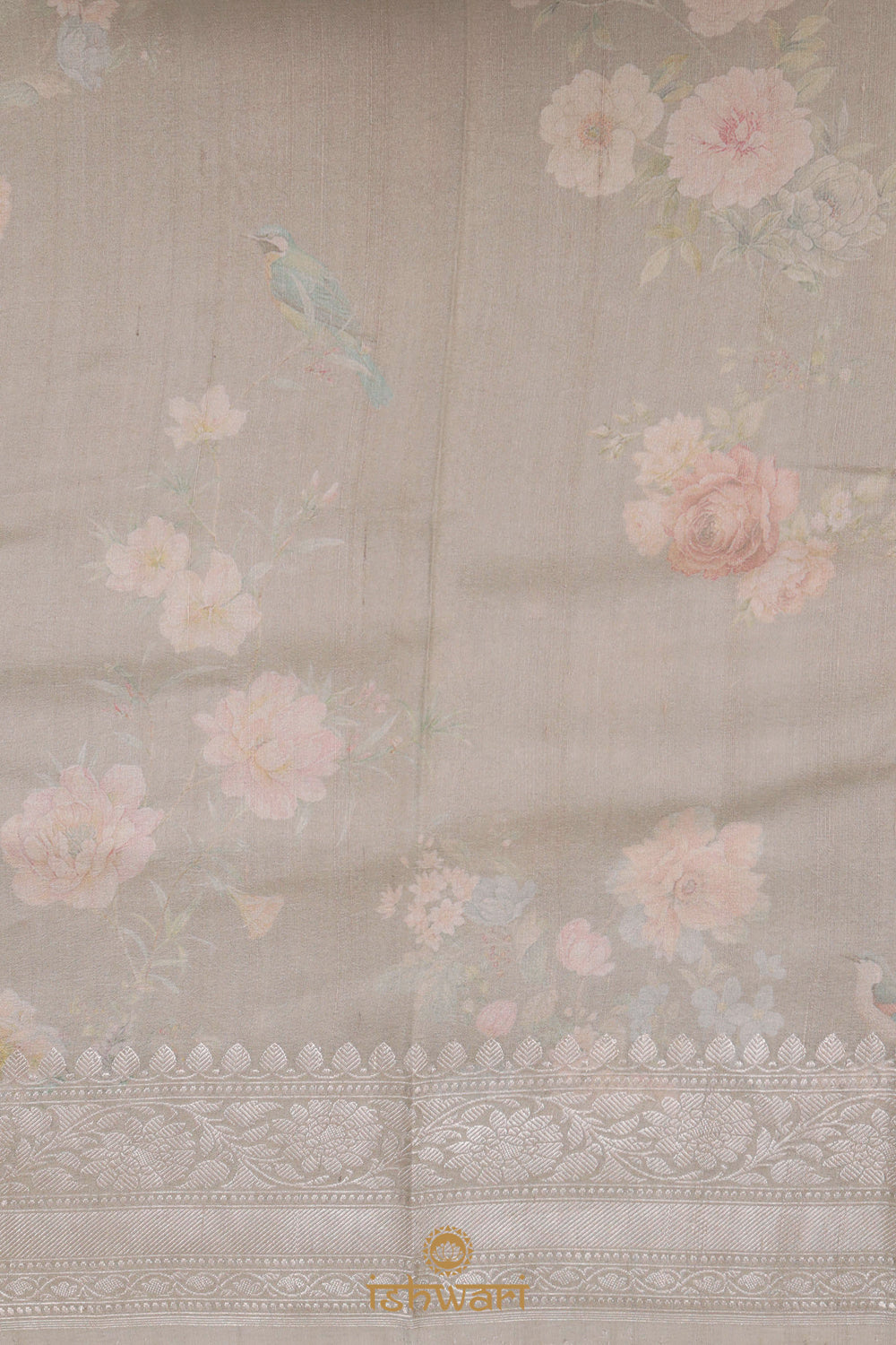 Litchen Green Floral Print Handloom Tussar Saree